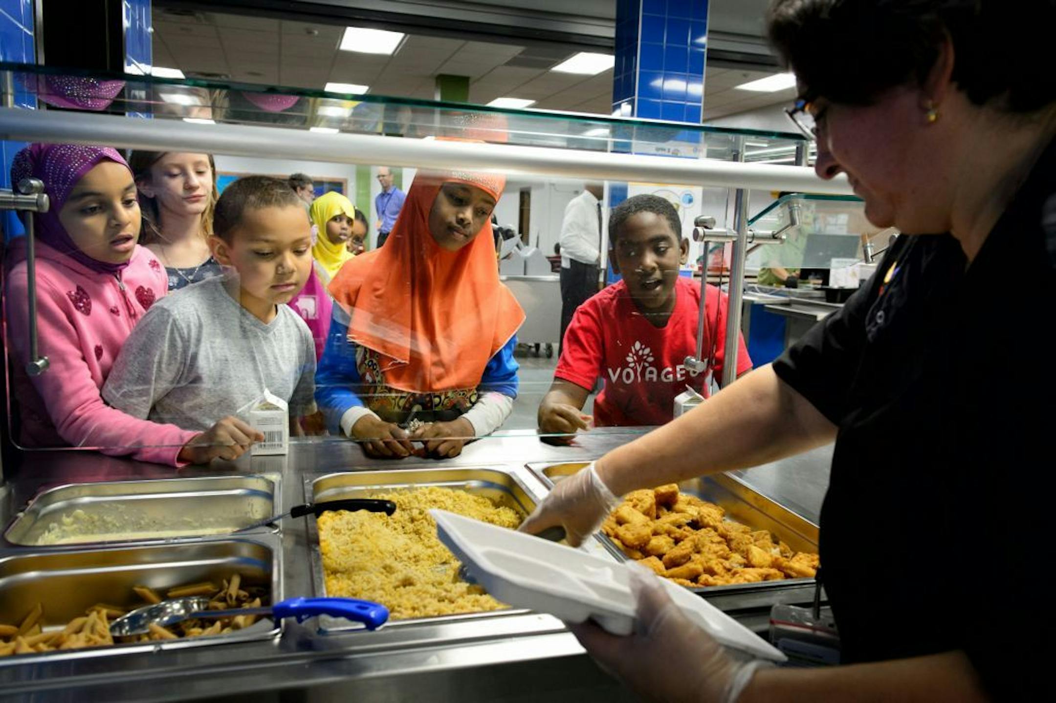 A class of first graders stood in line for lunch at Dowling Urban Environmental Learning Center, a K-5 environmental magnet school in Minneapolis.