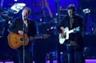 FILE - This Feb. 8, 2019 file photo shows Don Henley, left, and Vince Gill performing "Eagle When She Flies" at MusiCares Person of the Year honoring 