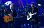 FILE - This Feb. 8, 2019 file photo shows Don Henley, left, and Vince Gill performing "Eagle When She Flies" at MusiCares Person of the Year honoring 