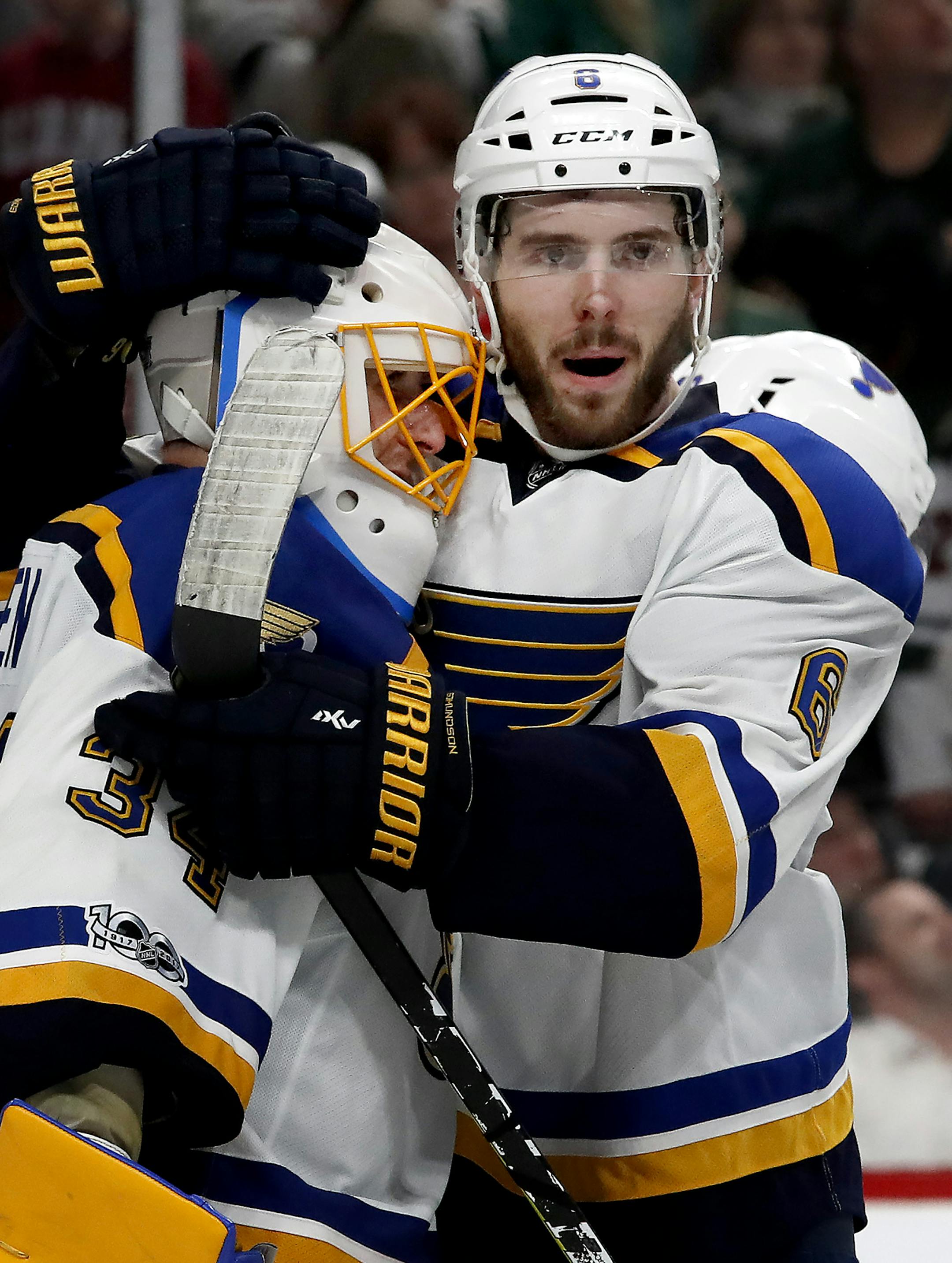 Blues goalie Jake Allen (34) and Joel Edmundson (6) celebrated at the end of the game. ] CARLOS GONZALEZ ï cgonzalez@startribune.com - April 14, 2017, St. Paul, MN, Xcel Energy Center, NHL, Stanley Cup Playoffs, Game 2, Minnesota Wild vs. St. Louis Blues