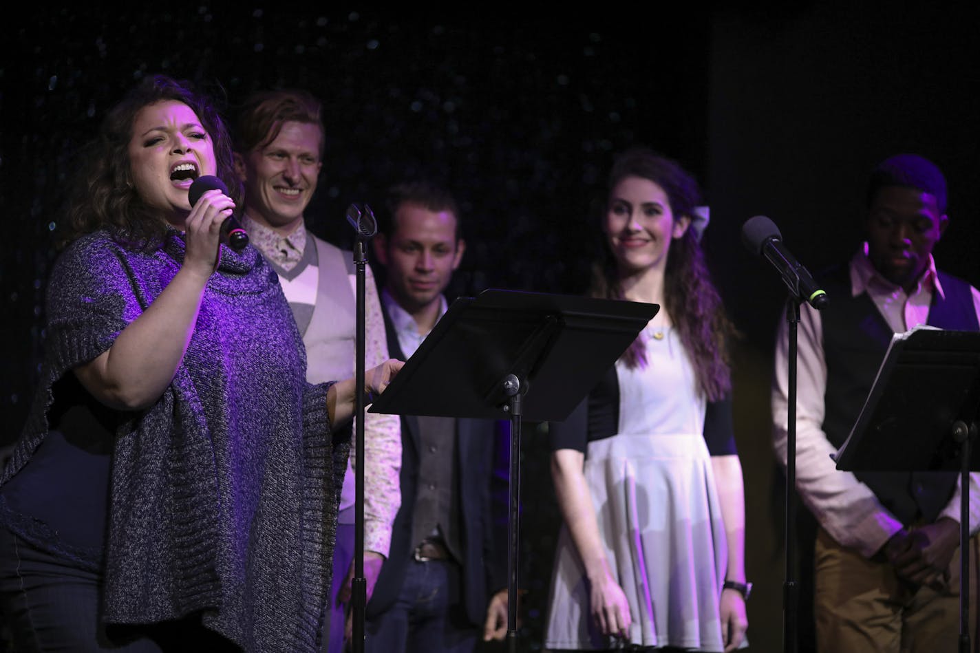 The performers at December's Musical Mondays show joined forces at the start to sing "A New World." They are, from left, Jennifer "Mother" Grimm, Seth Gabriel-Mayotte, Fernando Cellado, Lara Akal, and Ricky Morisseau. ] JEFF WHEELER &#xef; jeff.wheeler@startribune.com Musical Mondays has been happening on the first Monday of each month at Lush in Minneapolis since . Musical theater veterans and others sing in the cabaret show for a full house. The theme of all the songs on Monday night, December