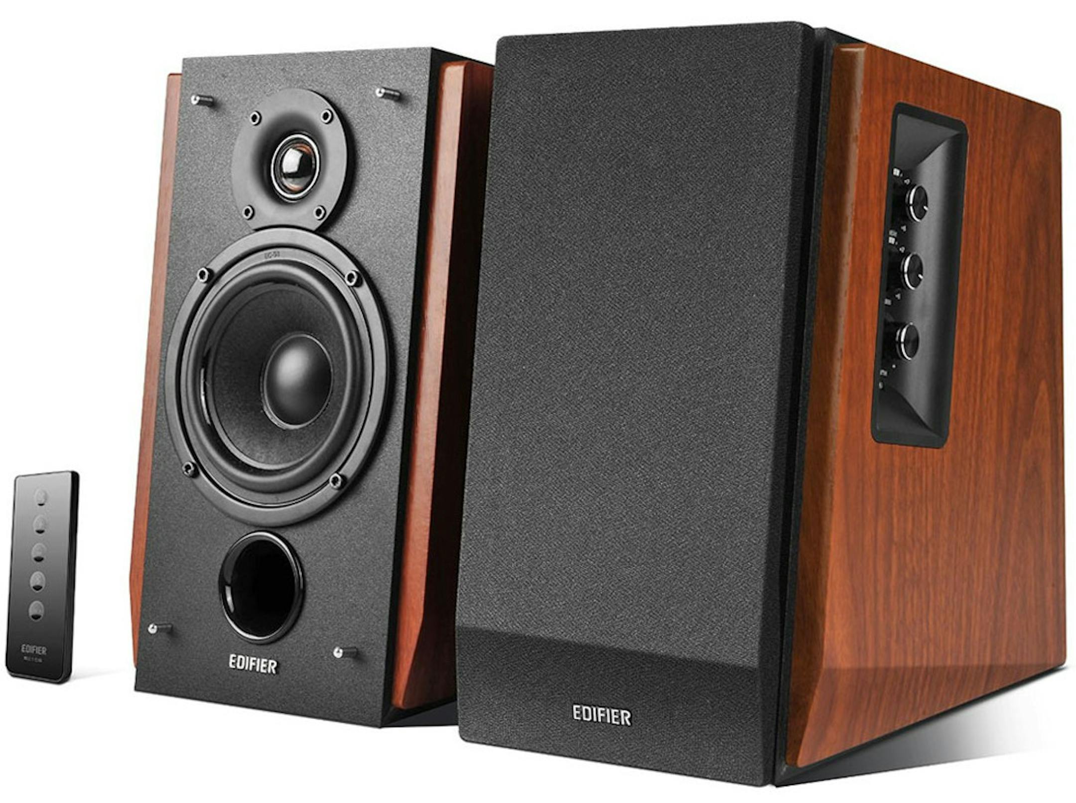 The Edifier R1700BT powered bookshelf speakers have a Bluetooth connection and come with a remote control.