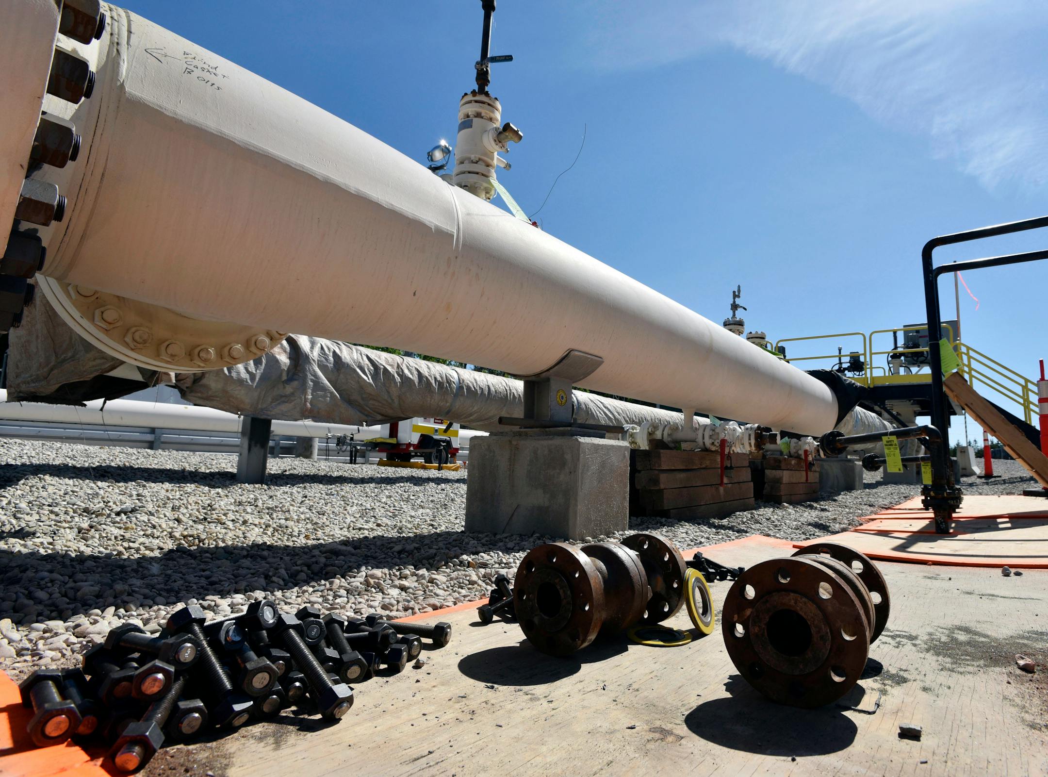 Fresh nuts, bolts and fittings are ready to be added to an Enbridge pipeline.