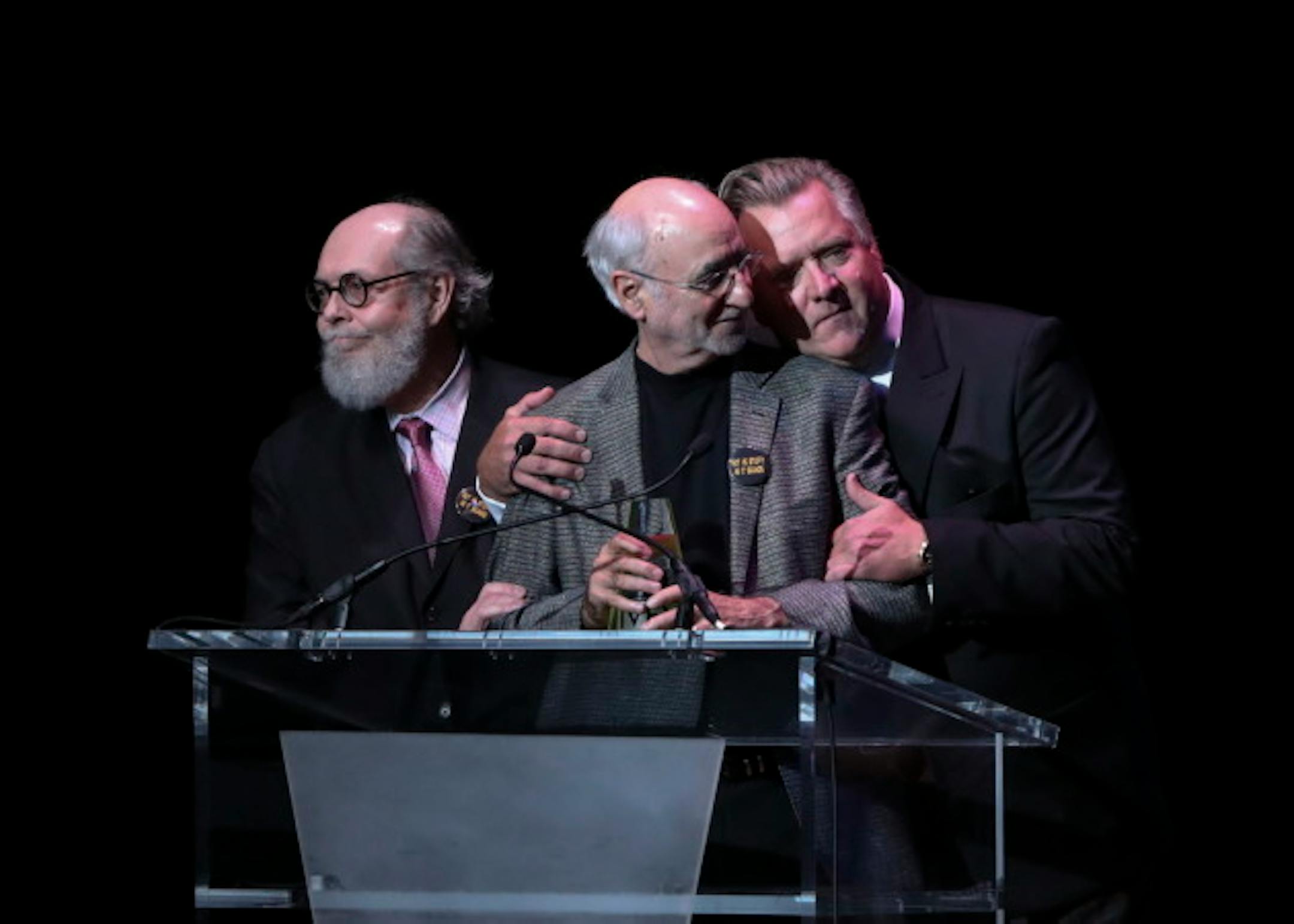 Jeffrey Hatcher, director Ron Peluso, and Chan Poling, from left, together at the podium as Peluso accepted the award for Overall Excellence for their work on Glensheen.     ]  JEFF WHEELER ' jeff.wheeler@startribune.com