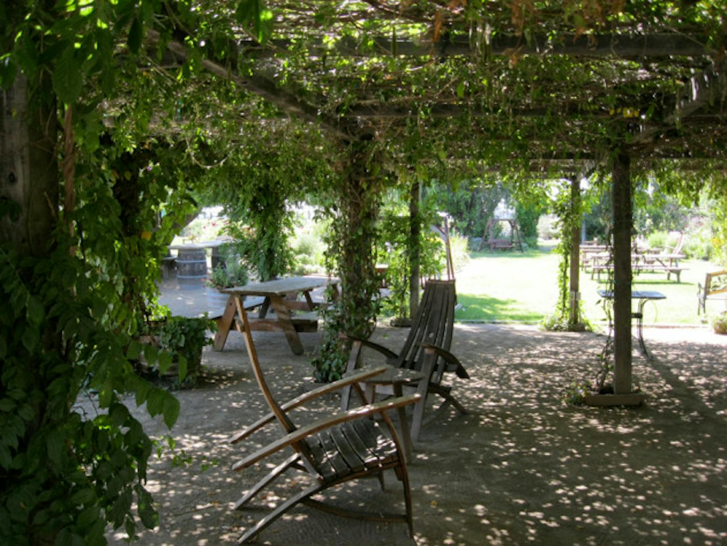 A beautiful vine-covered pergola makes a lovely resting spot