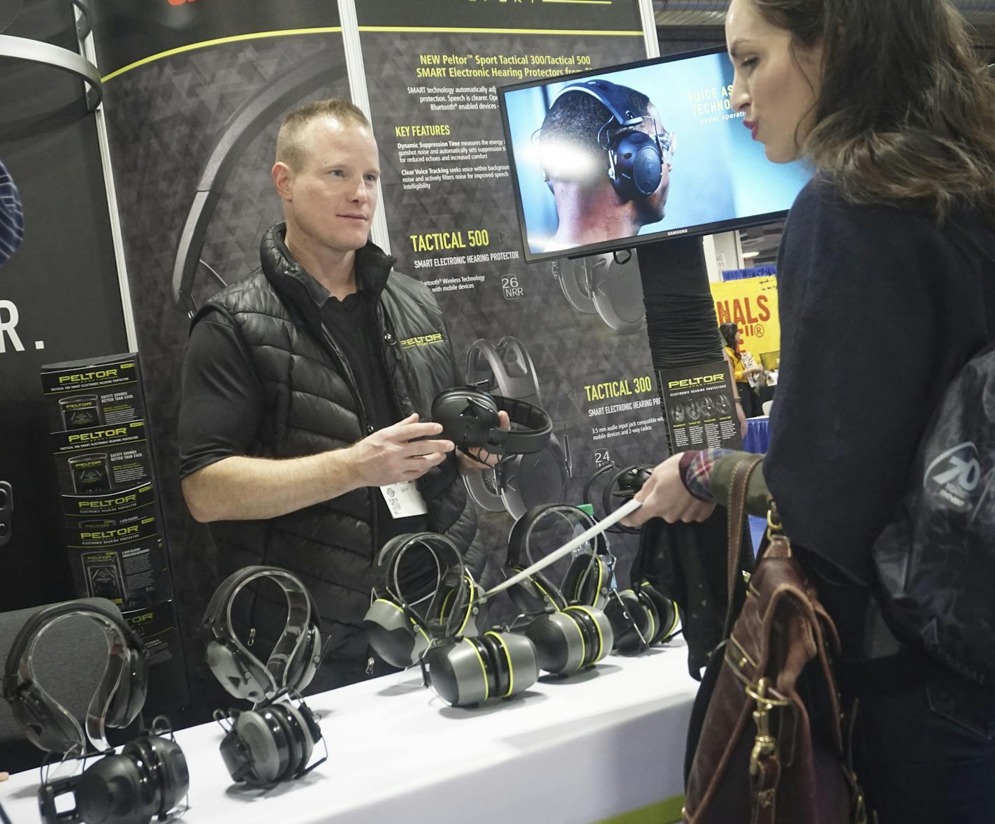 3M launched a &#xec;smart&#xee; Peltor Sport Electric Hearing Protection Headset at the SHOT SHOW in Las Vegas Jan. 17-19. The product is 3M&#xed;s first smart headset that measures and automatically suppresses gun noise and echoes based on the type of gun fired. The product is expected to greatly increase 3M&#xed;s marketshare in hearing protection aimed at hunters, firing range hobbyists, and civilian skeet shooters. in the photo is 3M/Peltor employee Jason Lunn