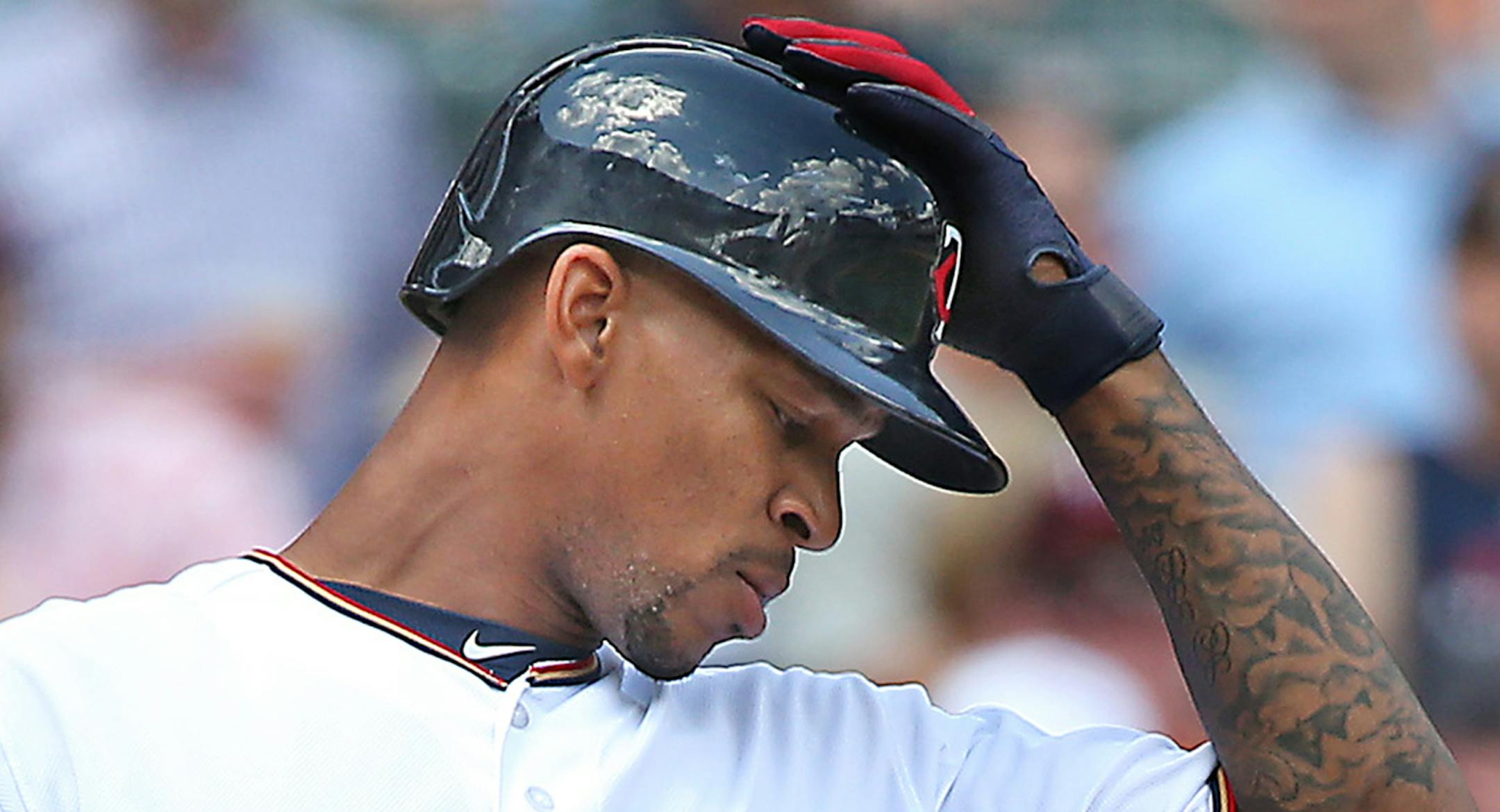 The Minnesota Twins' Byron Buxton shows his frustration at the plate after a strike in the eighth inning against the St. Louis Cardinals on Thursday, June 18, 2015, at Target Field in Minneapolis. The Twins won, 2-1. (Elizabeth Flores/Minneapolis Star Tribune/TNS) ORG XMIT: 1169705 ORG XMIT: MIN1506182035101625