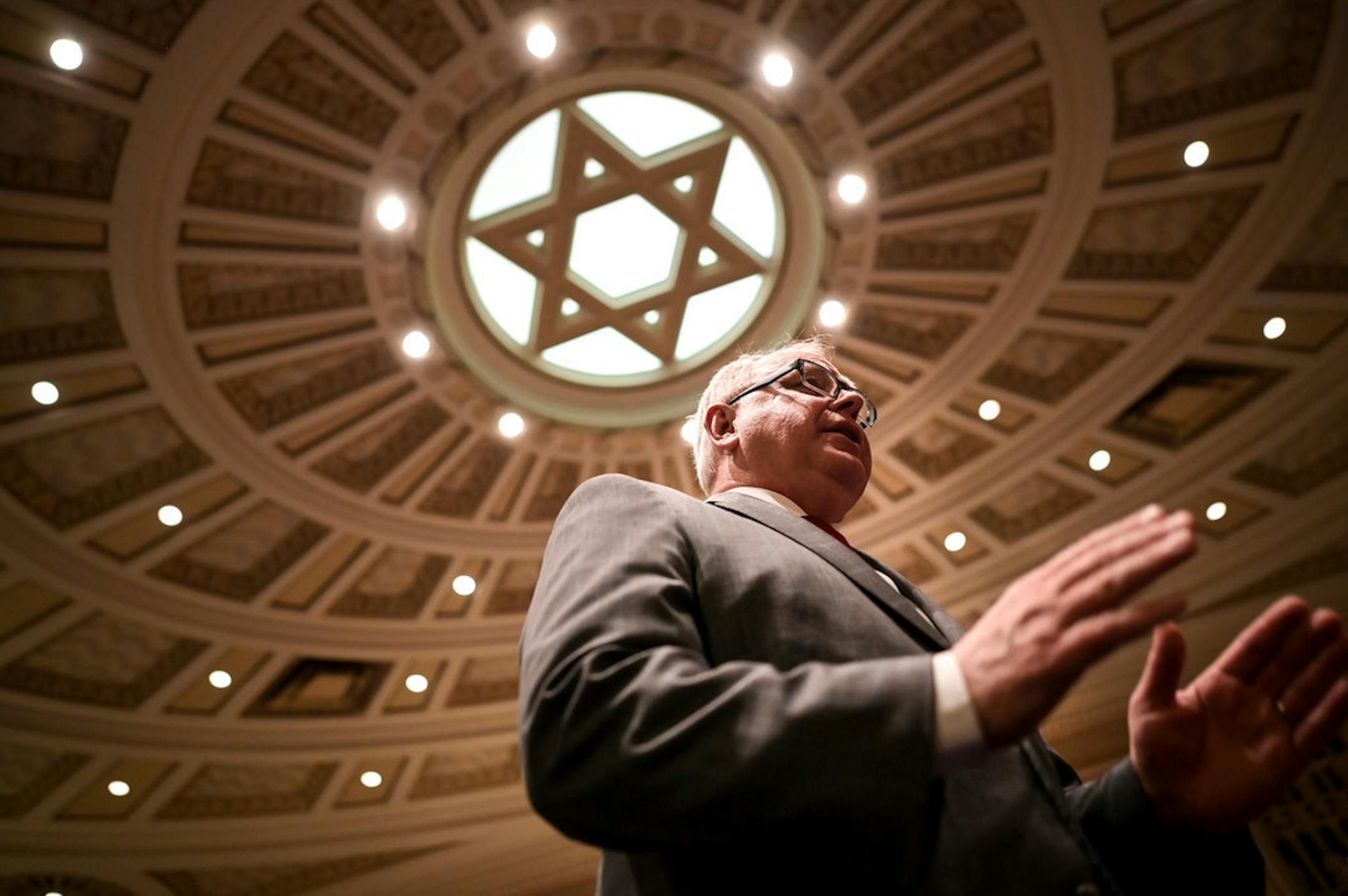 Gov. Tim Walz addressed attendees of Tuesday night's solidarity event against anti-Semitism at Temple Israel.