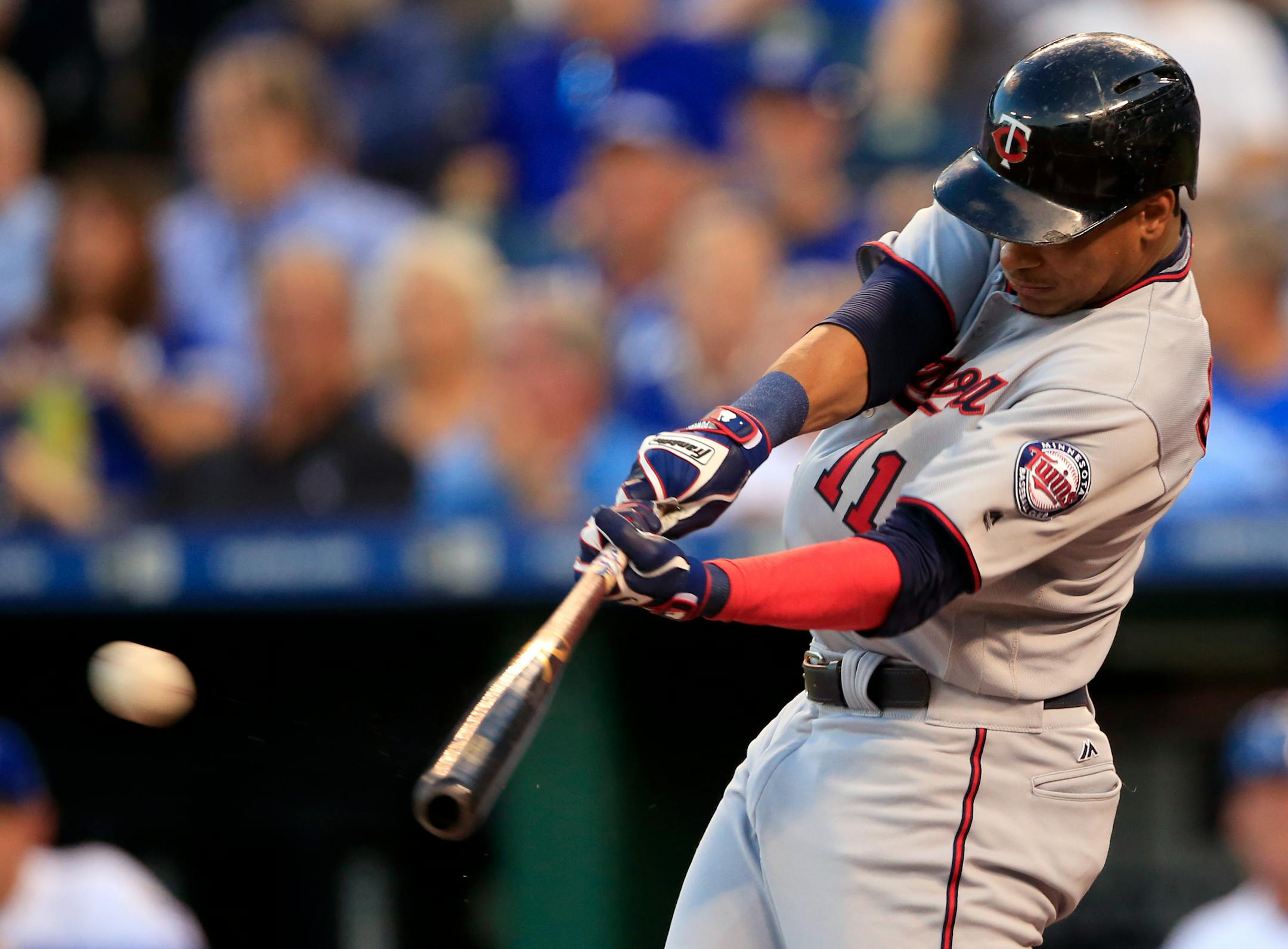 Minnesota Twins' Jorge Polanco hits a double off Kansas City Royals starting pitcher Sam Gaviglio during the first inning of a baseball game at Kauffman Stadium in Kansas City, Mo., Thursday, Sept. 7, 2017. (AP Photo/Orlin Wagner)