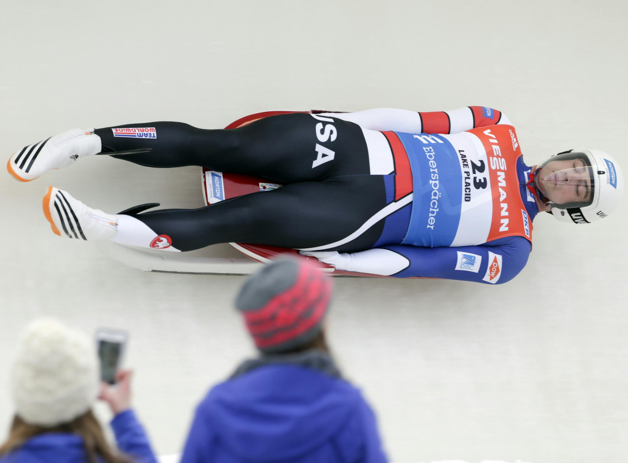 Chris Mazdzer, of the United States, competes in the men's luge World Cup race on Friday, Dec. 4, 2015, in Lake Placid, N.Y. (AP Photo/Mike Groll)