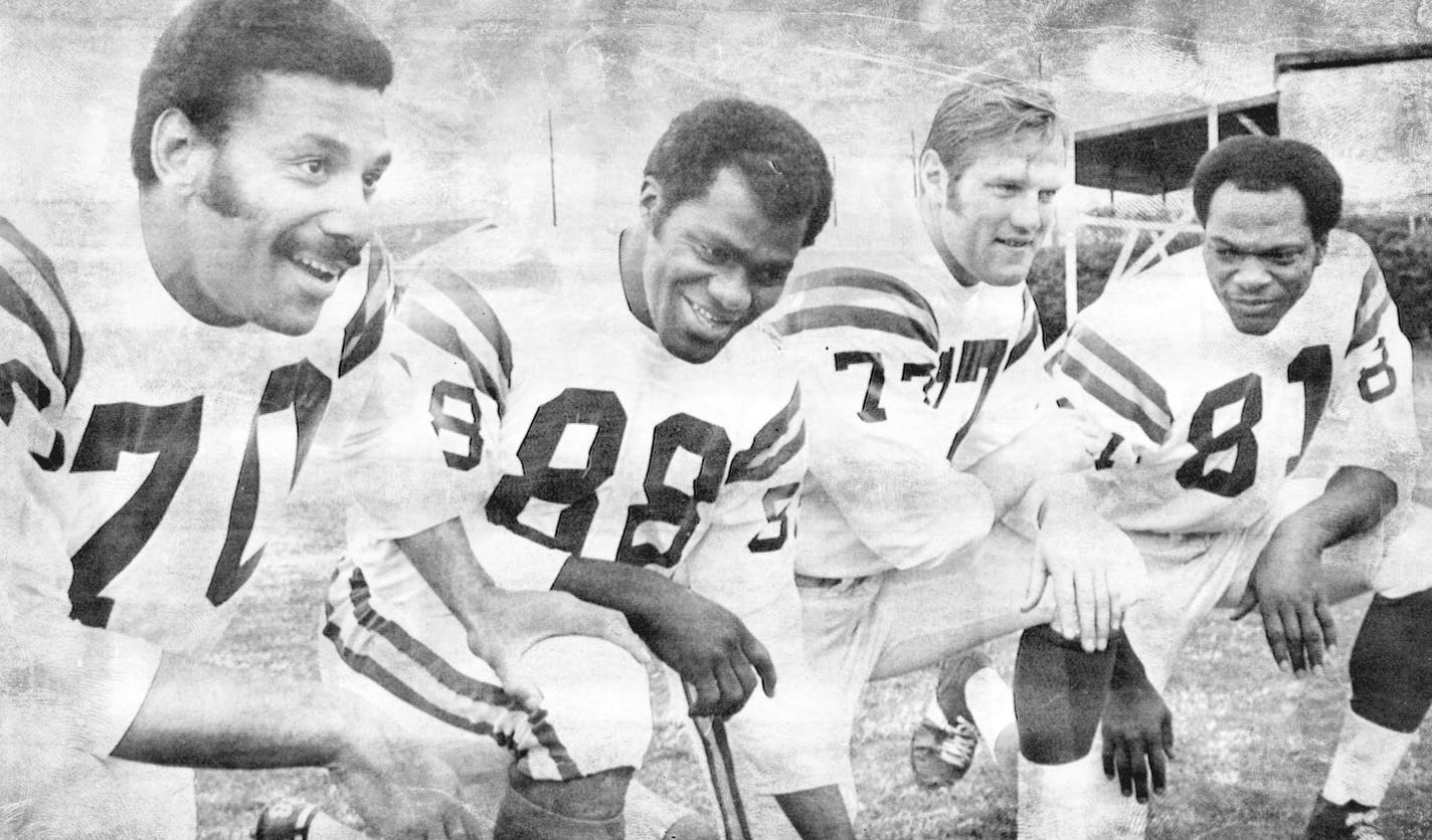 January 1970 AP photo of the Minnesota Vikings football team's defensive front four. L to R: Jim Marshall, Alan Page, Gary Larsen and Carl Eller. Photo ran Jan. 8, 1970 prior to Super Bowl IV, Kansas City Chiefs vs. Vikings, in New Orleans. The foursome was known as the Purple People Eaters.