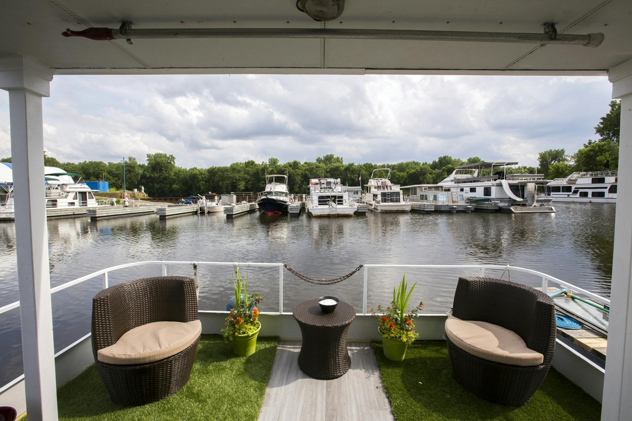 The "patio" overlooks the marina.