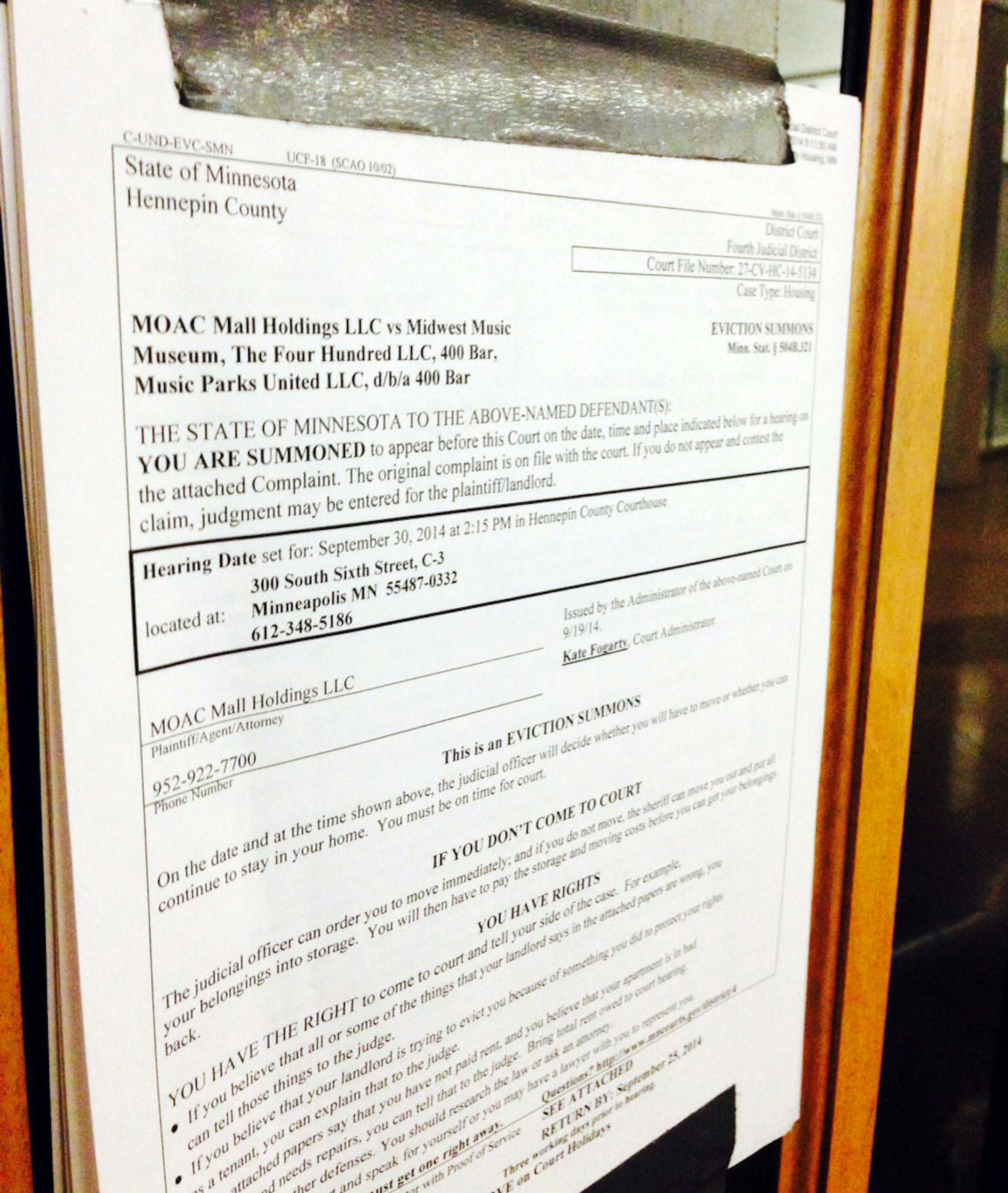 This eviction notice was posted at the site of the planned 400 Bar at Mall of America on Wednesday, Sept. 24, 2014.