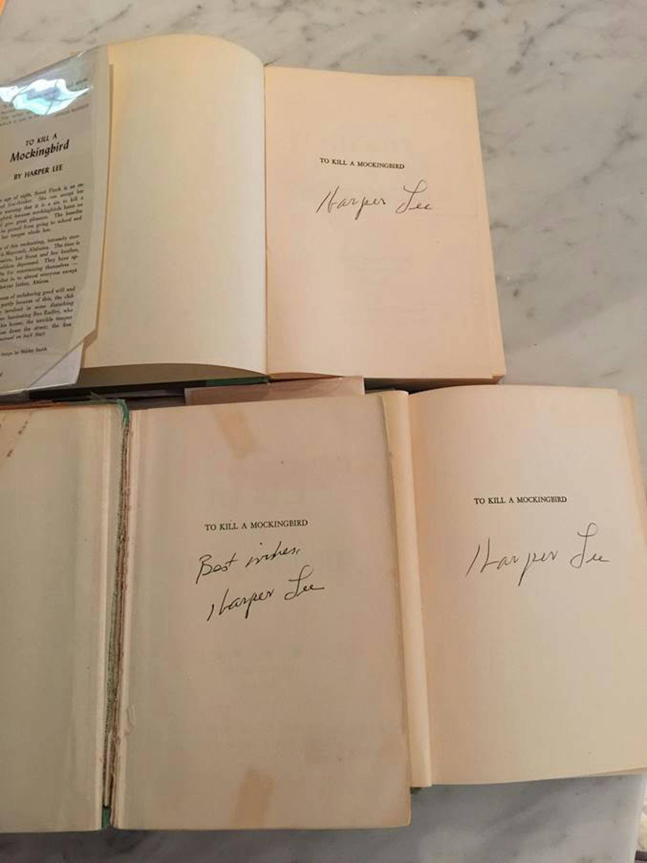 The title pages of first edition copies of "To Kill A Mockingbird" signed by Harper Lee for Jack Jablonski.