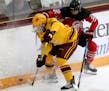 The University of Minnesota Gopher�s Abigail Boreen (22) battles Ohio State's Lisa Brunp (22) for a puck on the board during the 1st period in Minne