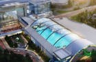 An updated rendering of a 250,000 square foot indoor water park proposed in front of the Mall of America in Bloomington.