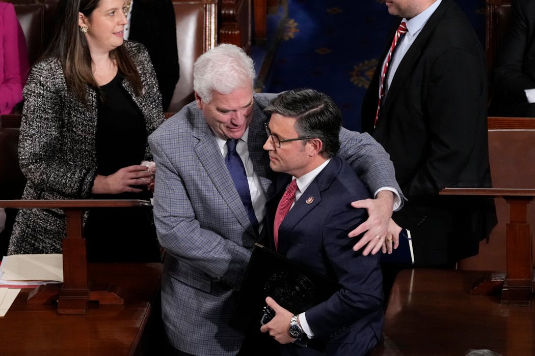 House Speaker-elect Rep. Mike Johnson was congratulated by Rep. Tom Emmer after Johnson was elected as the new House speaker on Wednesday, Oct. 25.