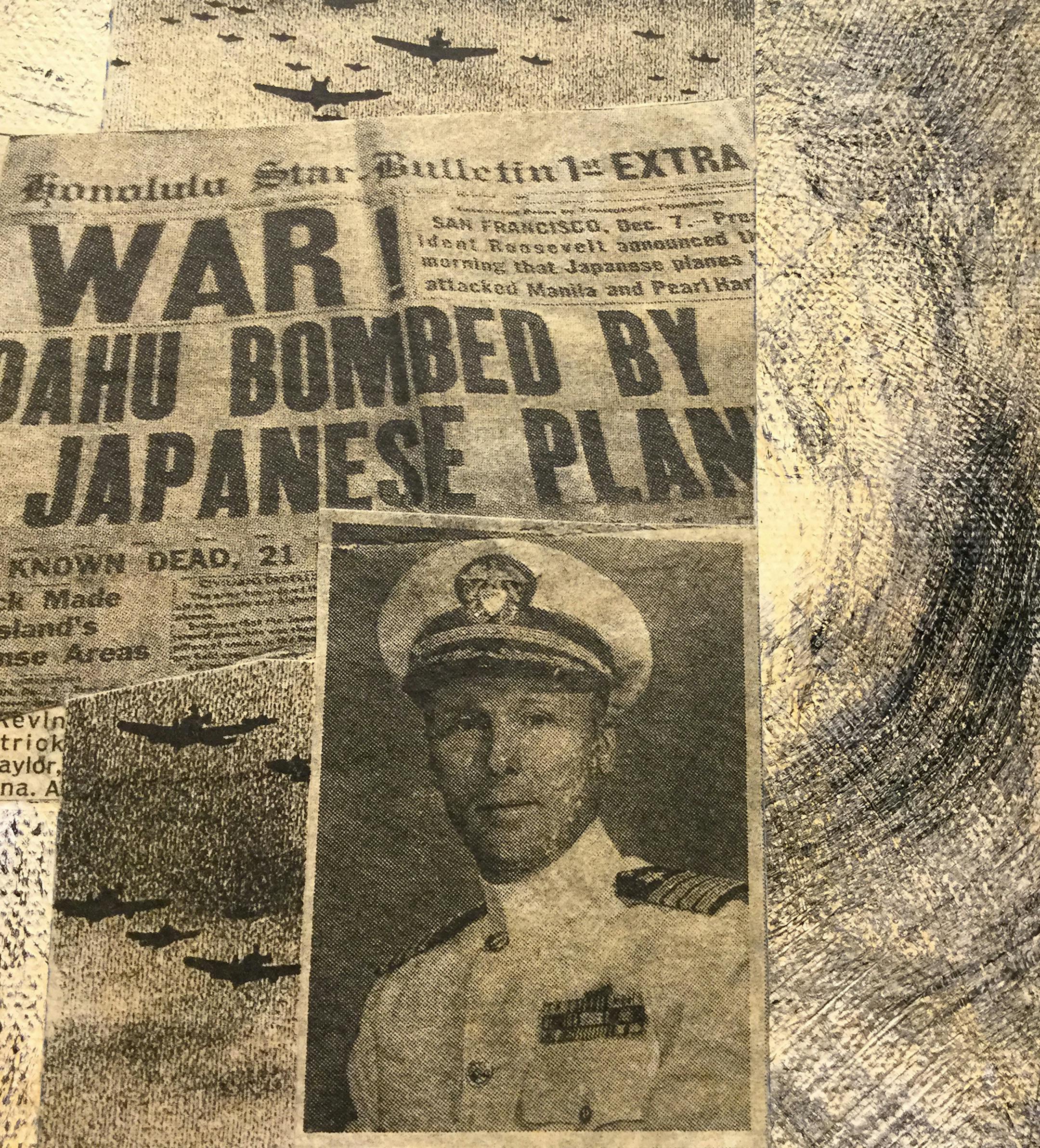 Detail from Jean OíKeefe's 60- by 24-inch triptych collage titled ìArsenal of Democracy." Provided