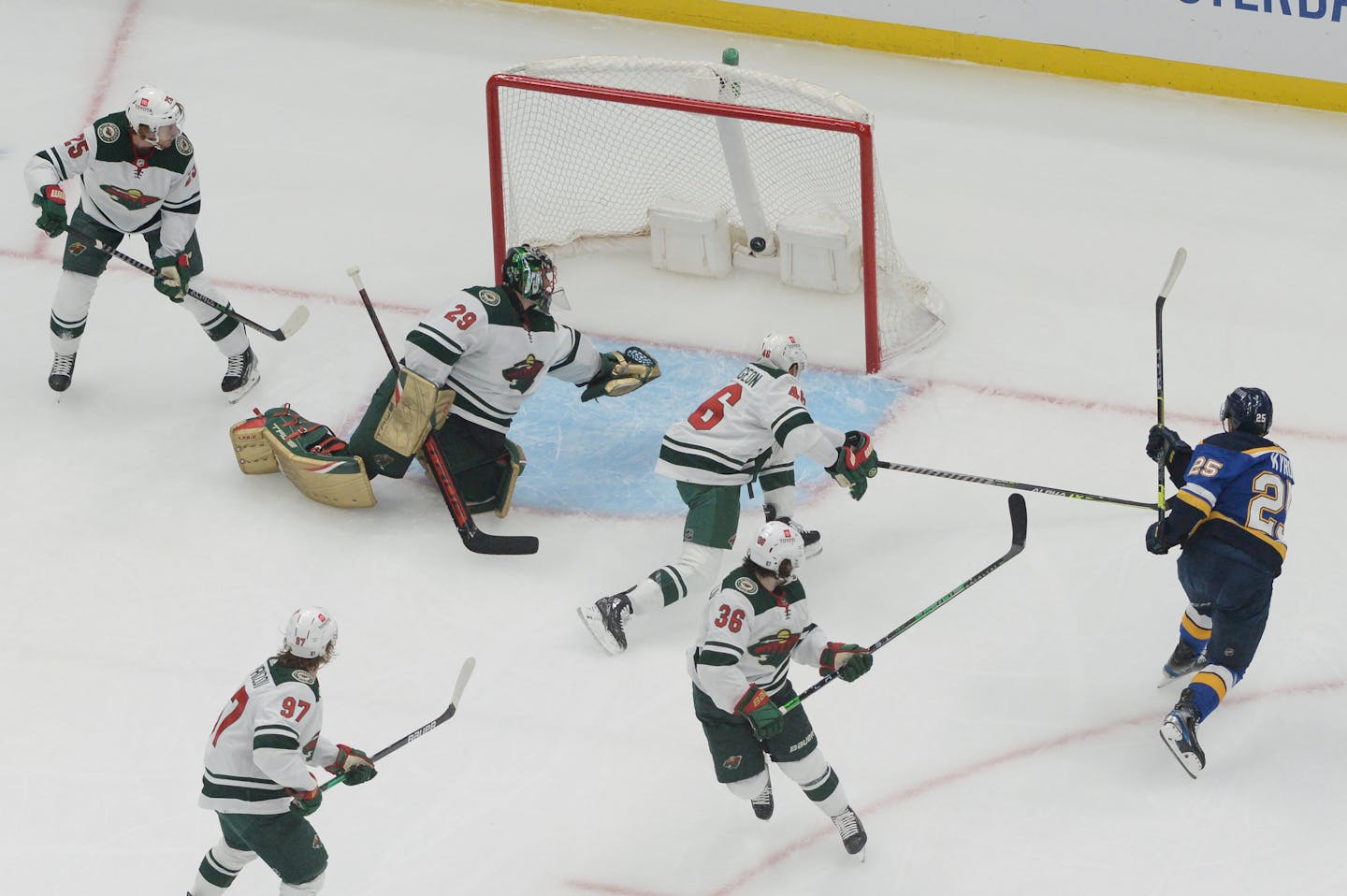 Blues center Jordan Kyrou (25) snapped a shot past Wild goalie Marc-Andre Fleury for the first of his two goals in St. Louis' 5-2 Game 4 victory in a Stanley Cup first-round playoff series on Sunday, May 8, 2022, in St. Louis. (AP Photo/Michael Thomas)