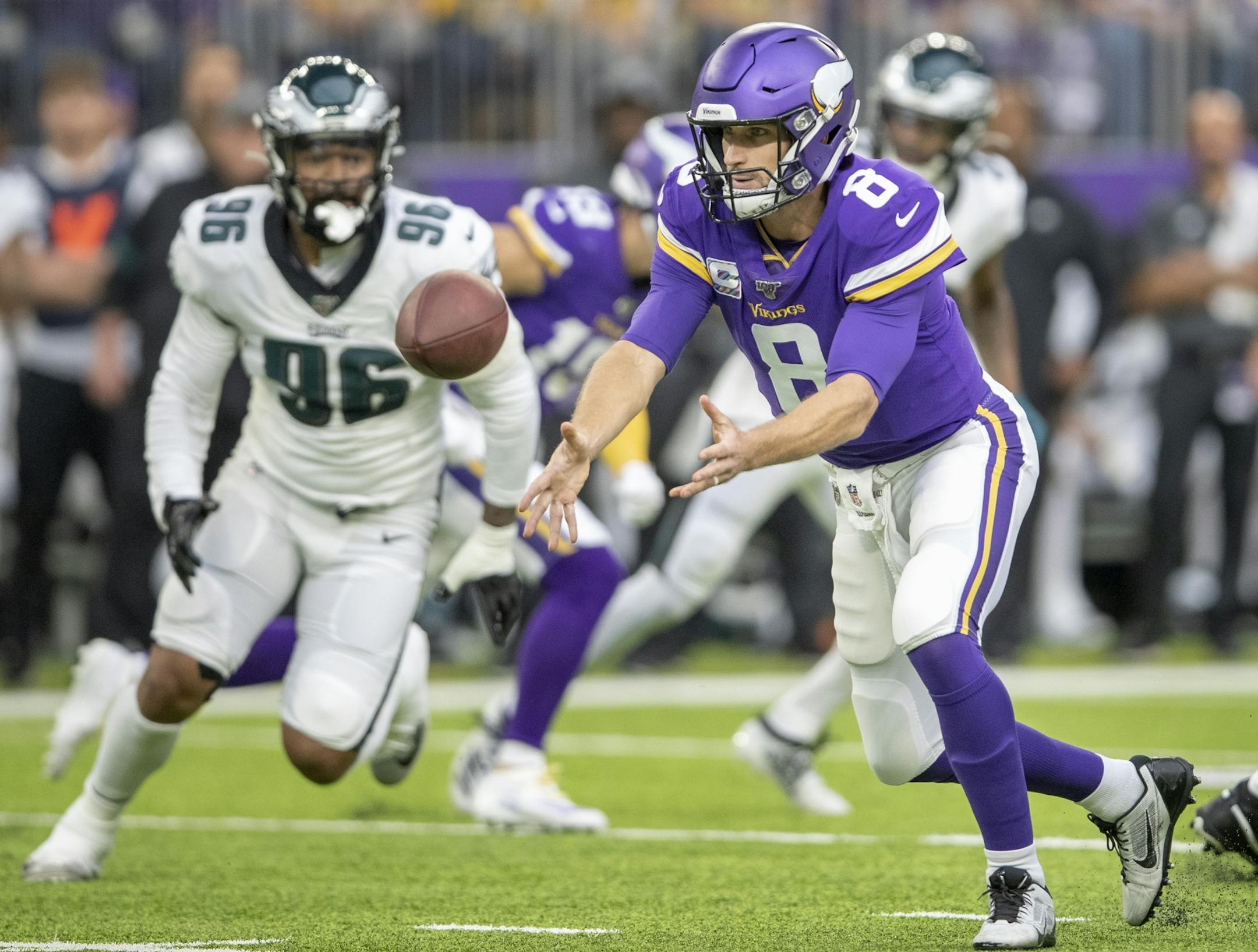 Vikings quarterback Kirk Cousins flipped the ball to Vikings running back Dalvin Cook who then flipped it to another player in the first inning.