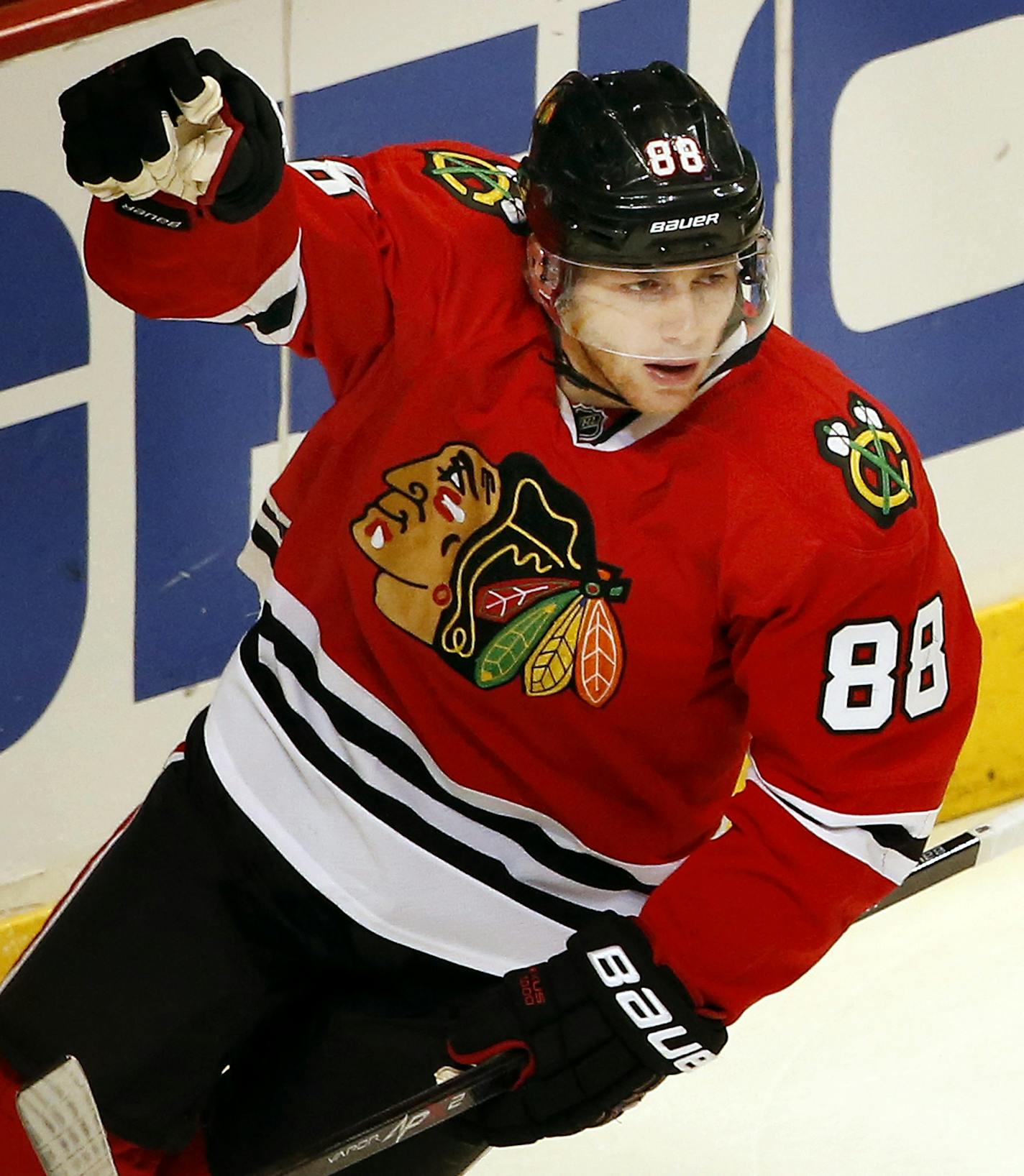 Patrick Kane (88) celebrated after scoring a goal in the third period. The goal was his first of two in the third period. ] CARLOS GONZALEZ cgonzalez@startribune.com - May 2, 2014, Chicago, Illinois, United Center, NHL, Minnesota Wild vs. Chicago Blackhawks, Stanley Cup Playoffs Round 2, Game 1