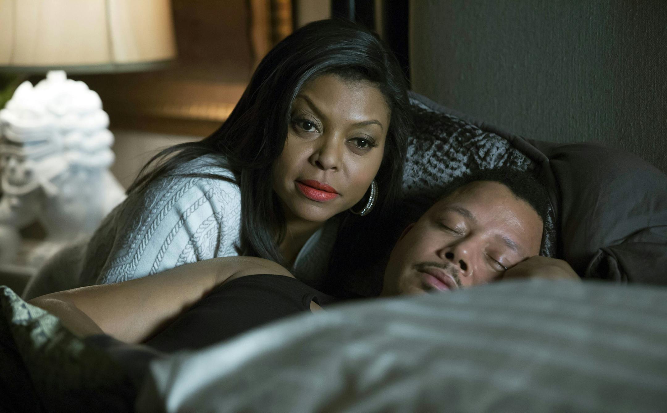 This photo provided by Fox shows, Taraji P. Henson, left, as Cookie Lyon, and Terrence Howard, right, as Lucious, in the special two-hour ìDie But Once/Who I Amî season finale episode of "Empire." Henson is nominated for an Emmy Award for outstanding lead actress in a drama series for her role in the show. The 67th annual Emmy Awards are held on Sunday, Sept. 20, 2015, in Los Angeles. (Chuck Hodes/Fox via AP)