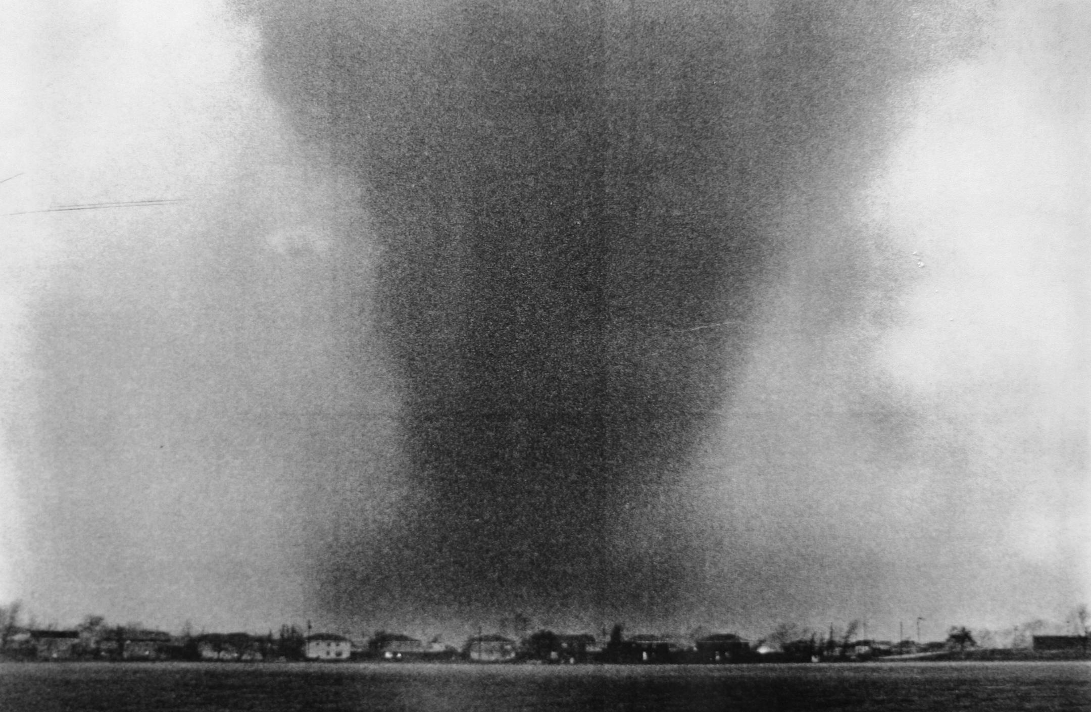 John Croft/Star Tribune file photo: A F4 tornado moves over Moore Lake heading straight for the Fridley Junior High School, Fridley, Minn., May 6, 1965. GENERAL INFORMATION: 3 fridley hs students from Mr. Jeff Bullard's Earth & Space class have come to gether to make a video documentary commemorating the 40th anniversary of the 1965 tornadoes in Fridley.