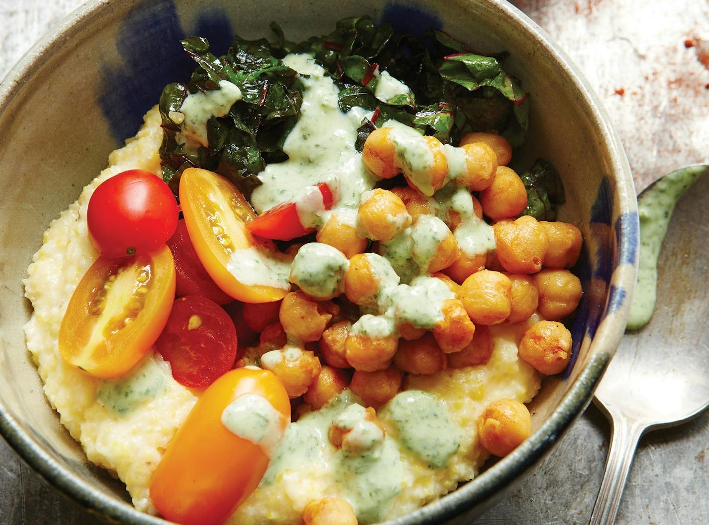 Soft Polenta With Roasted Smoky Chickpeas, Grape Tomatoes, Chard and Creamy Basil Sauce.