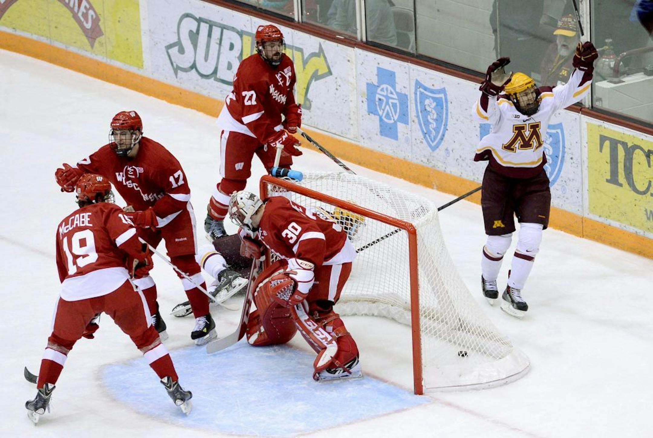 Seth Ambroz celebrates his goal during the first period of a two-game home series for the Gophers at Mariucci Arena. Ambroz's goal put the Gophers in the lead at the end of the first period.