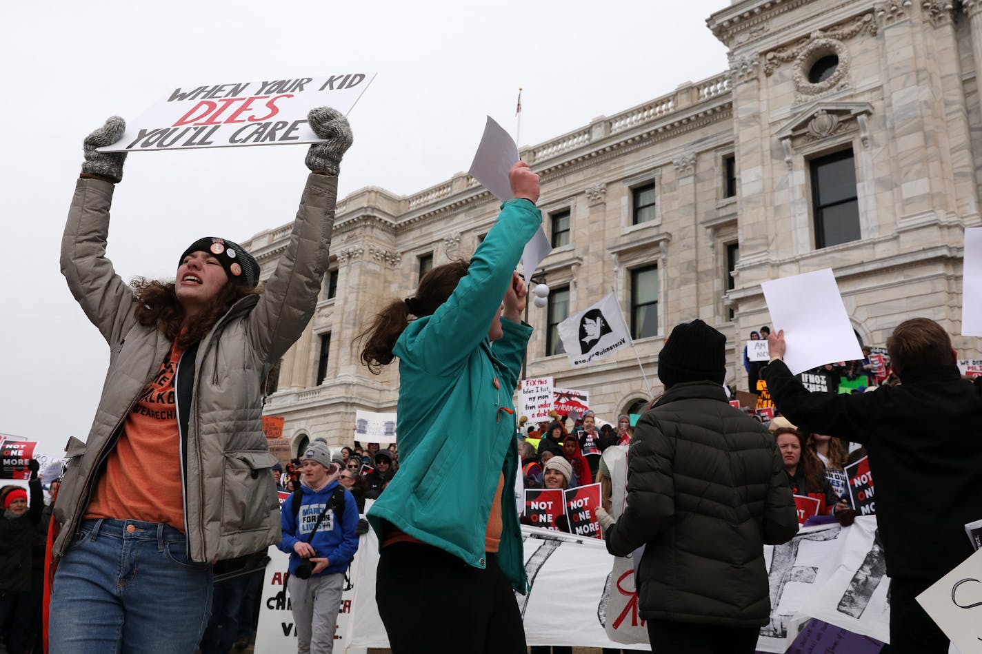 Students holding signs led chants protesting gun violence Saturday at the State Capitol. ] ANTHONY SOUFFLE &#xef; anthony.souffle@startribune.com Thousands of Minnesota students and other supporters of gun control marched Saturday, March 24, 2018 from Harriet Island in St. Paul to the State Capitol for a rally. The event is part of student-led movement dubbed March for Our Lives. The Minnesota March was but one of many "sibling marches" happening in London, Stockholm, Boston, Washington DC, and