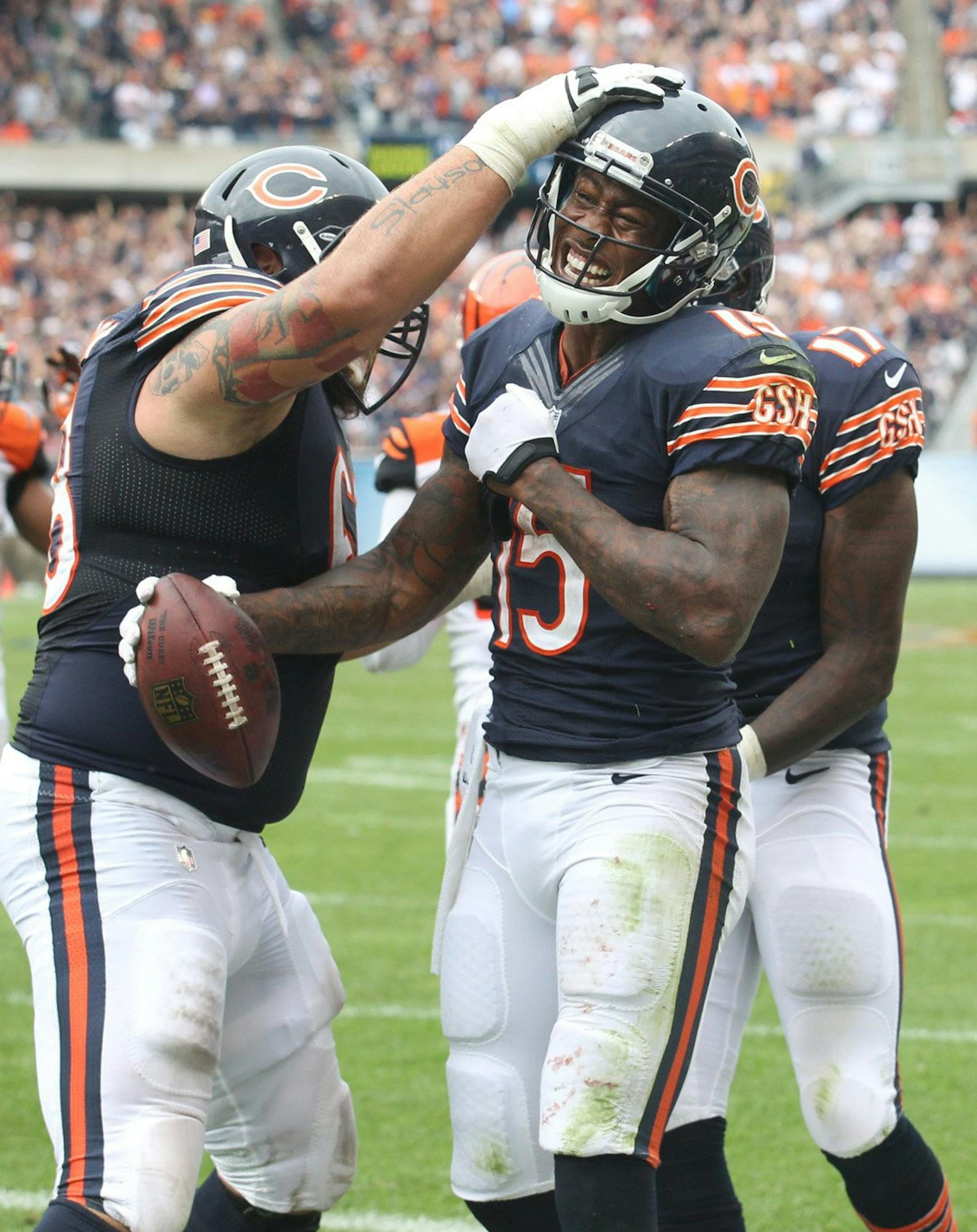 Chicago Bears wide receiver Brandon Marshall (15) celebrates his touchdown against the Cincinnati Bengals during the fourth quarter of their game at Soldier Field in Chicago, Illinois, on Sunday, September 8, 2013. (Nuccio DiNuzzo/Chicago Tribune/MCT)