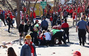 Law enforcement and medical personnel respond to a shooting at Union Station during the Kansas City Chiefs Super Bowl LVIII victory parade on Wednesda