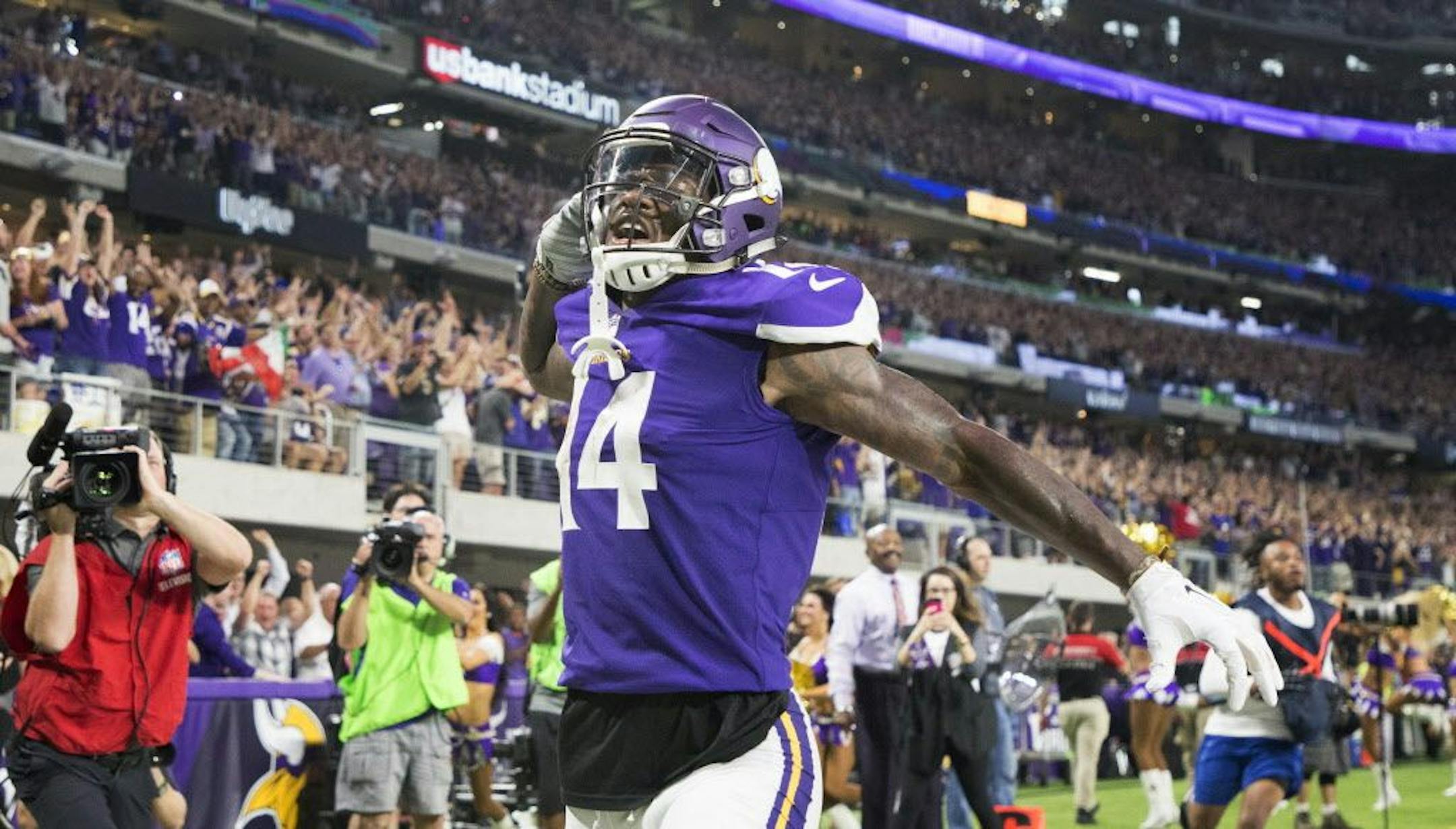 Minnesota Vikings wide receiver Stefon Diggs (14) celebrated his 2nd touch down catch of the game at U.S. Bank Stadium Monday September 11,2017 in Minneapolis, MN.