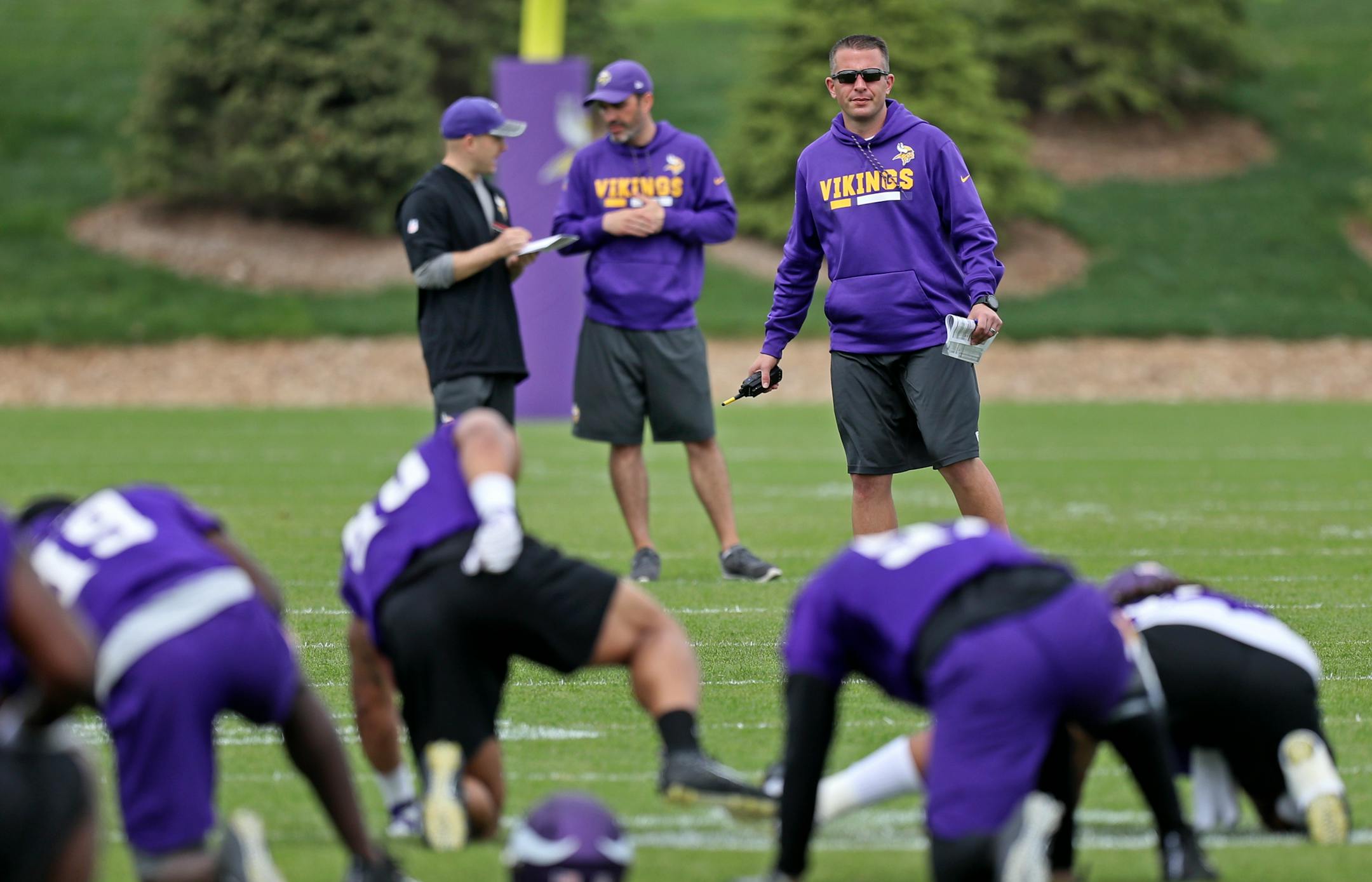 Vikings offensive coordinator John DeFilippo monitored a recent practice in Eagan.