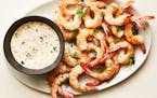 Roasted shrimp cocktail with horseradish sauce in New York, May 9, 2023. Do as Melissa Clark does, and roast, don't poach, the shrimp, then serve them