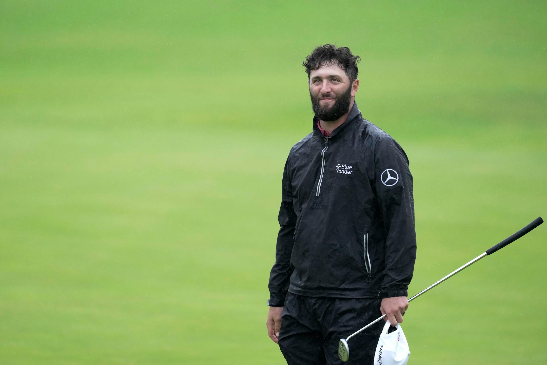 Spain's Jon Rahm reacts on the 18th green after putting during the final day of the British Open Golf Championships at the Royal Liverpool Golf Club in Hoylake, England, Sunday, July 23, 2023. (AP Photo/)