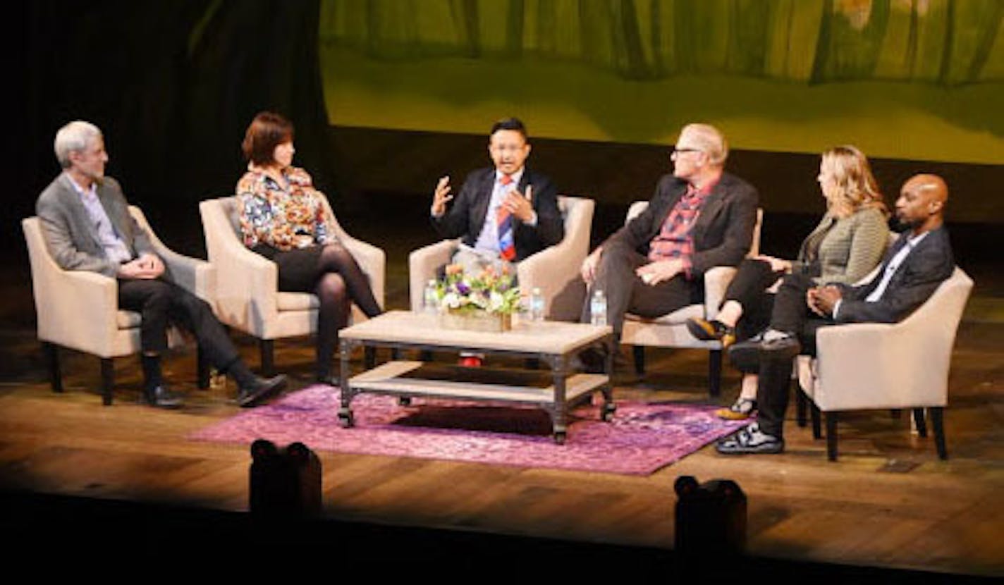 Kevin Smith of the Minnesota Orchestra, Rep. Betty McCollum, D-Minn., Randy Reyes of Mu Performing Arts, moderator Graydon Royce, Laura Zabel of Springboard for the Arts and Uri Sands of TU Dance.