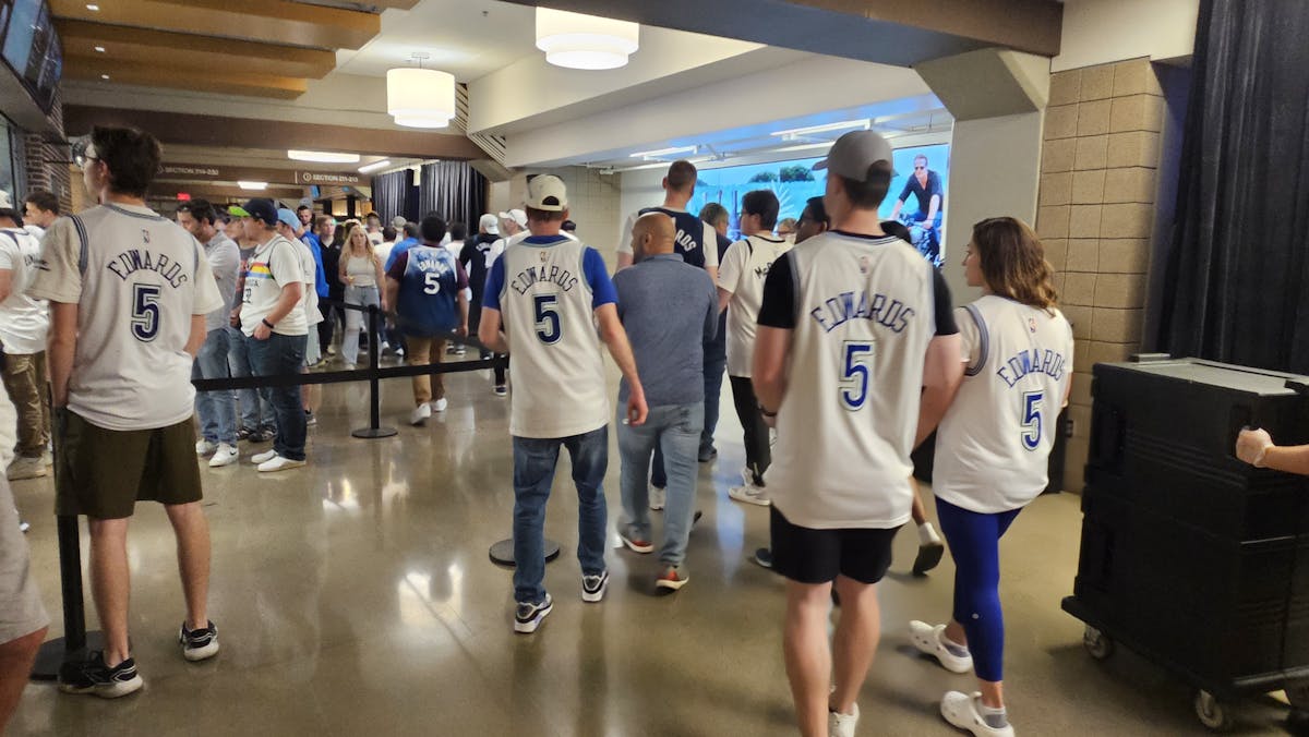 Fans — many of them wearing Anthony Edwards jerseys — wandered around Target Center before Game 1 of the NBA's Western Conference finals between t