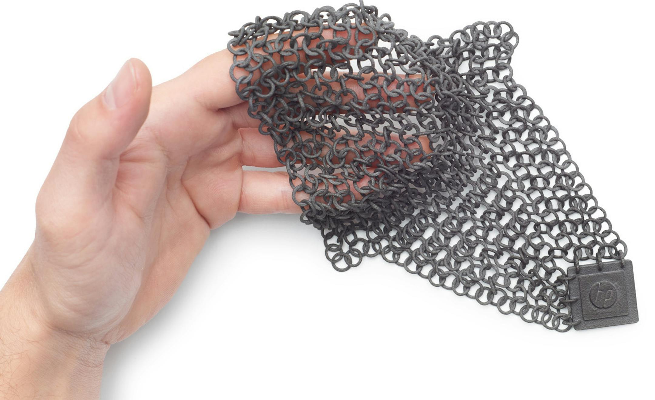 Chainmail product created using Hewlett-Packard's new mulit jet 3-D printer, which fuses nylon powder into various shapes and parts at 10 times the speed of past powder printers. Proto Labs recenlty bought three of the HP machines.