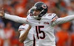 Chicago Bears kicker Eddy Pineiro (15) celebrates his game-winning field goal after an NFL football game against the Denver Broncos, Sunday, Sept. 15,
