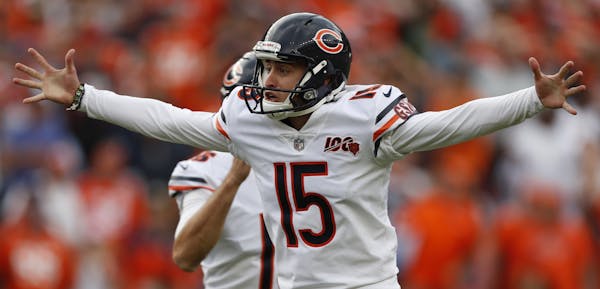 Chicago Bears kicker Eddy Pineiro (15) celebrates his game-winning field goal after an NFL football game against the Denver Broncos, Sunday, Sept. 15,