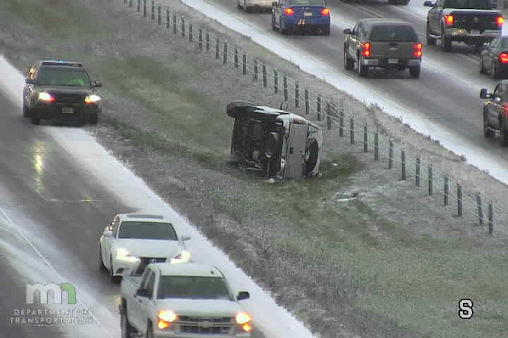 A vehicle left the road and rolled over Wednesday morning on Hwy. 52 at Thompson Avenue in South St. Paul.