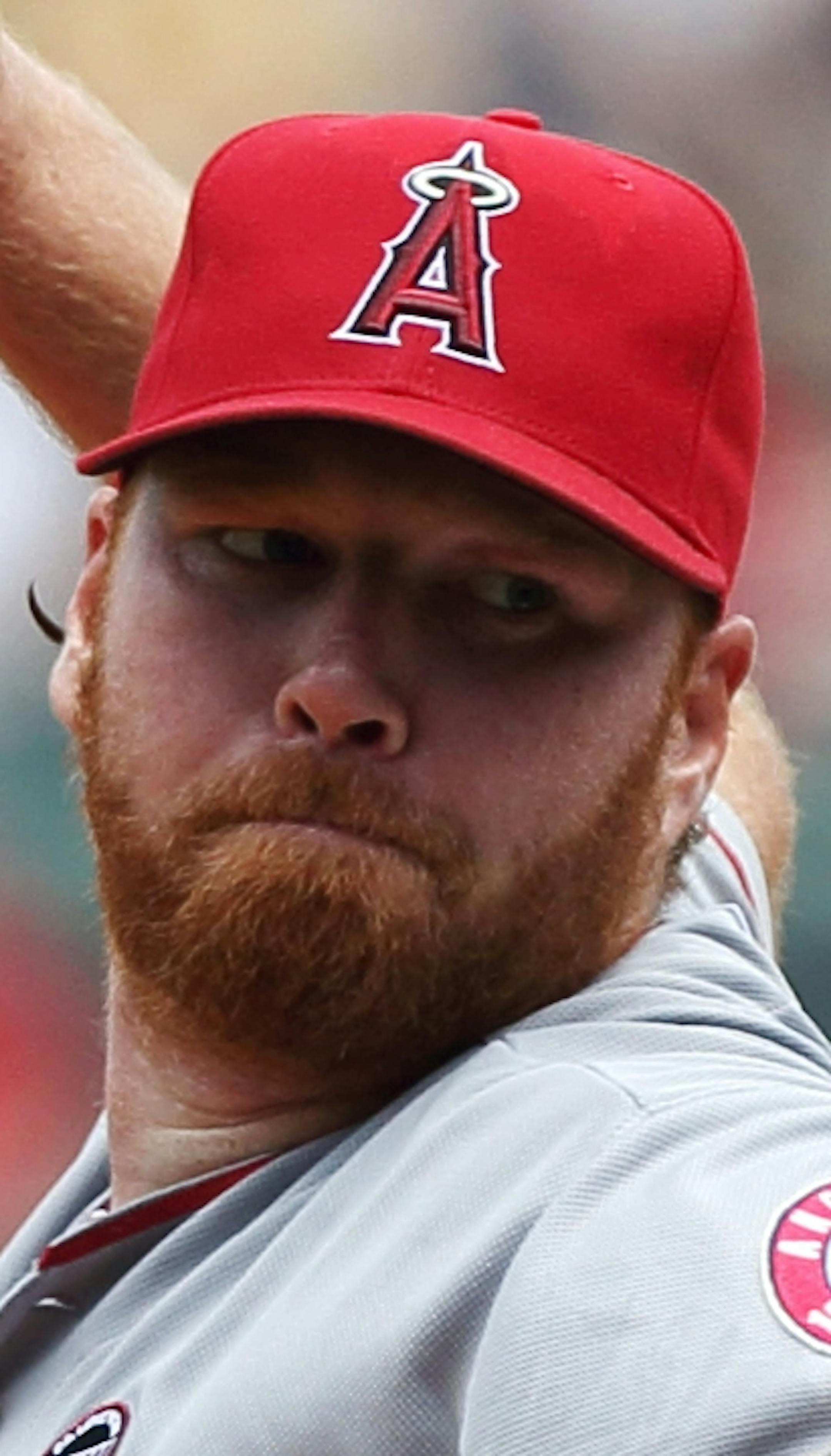 Los Angeles Angels' Tommy Hanson pitches in the first inning of the first game of a baseball doubleheader against the Boston Red Sox in Boston, Saturday, June 8, 2013. (AP Photo/Michael Dwyer) ORG XMIT: MIN2013071919420928