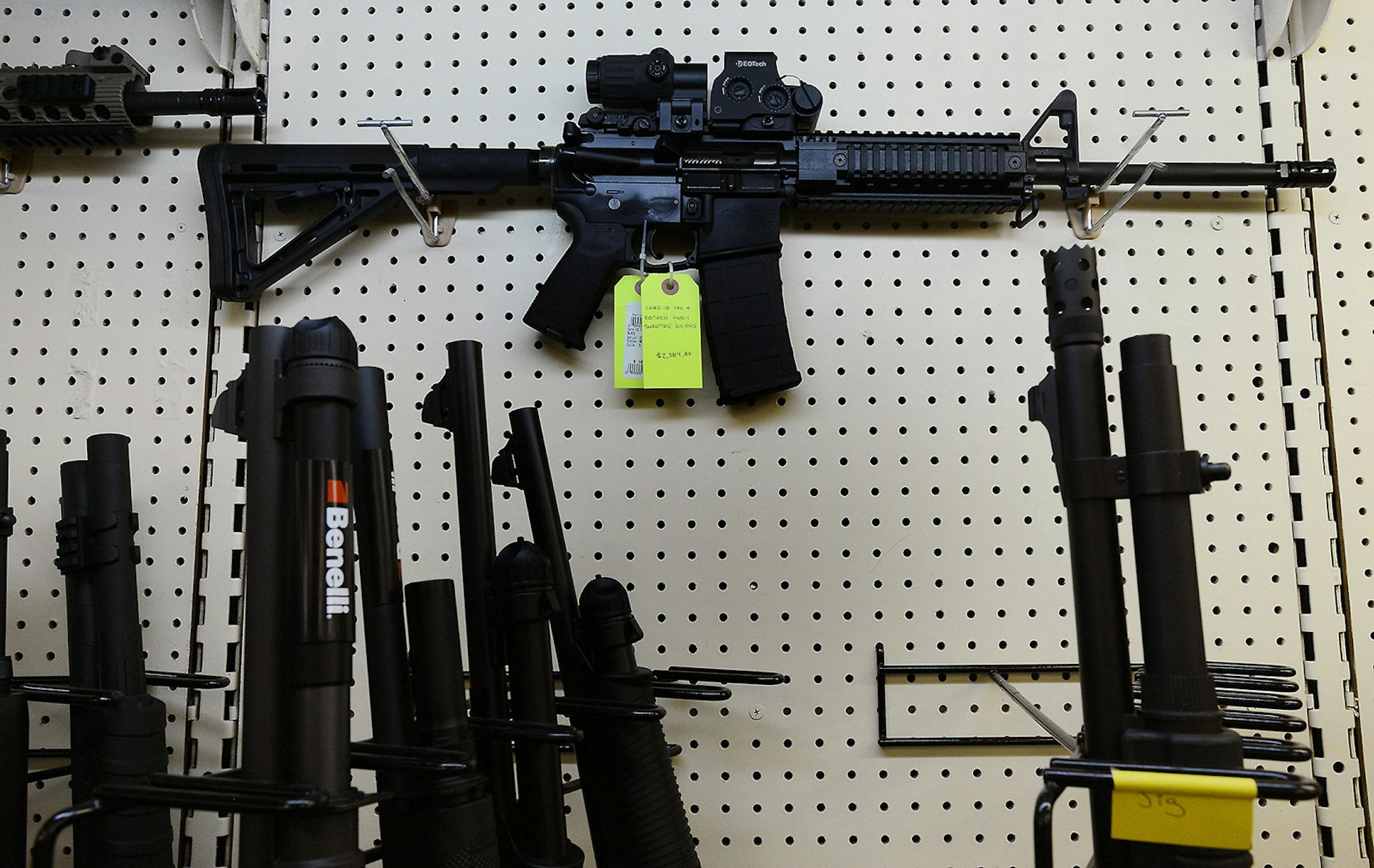 On display at a gun shop in Wendell, N.C., an AR-15 assault rifle manufactured by Core15 Rifle Systems in Dec. 18, 2012. (Chuck Liddy/Raleigh News & Observer/TNS) ORG XMIT: 1395214