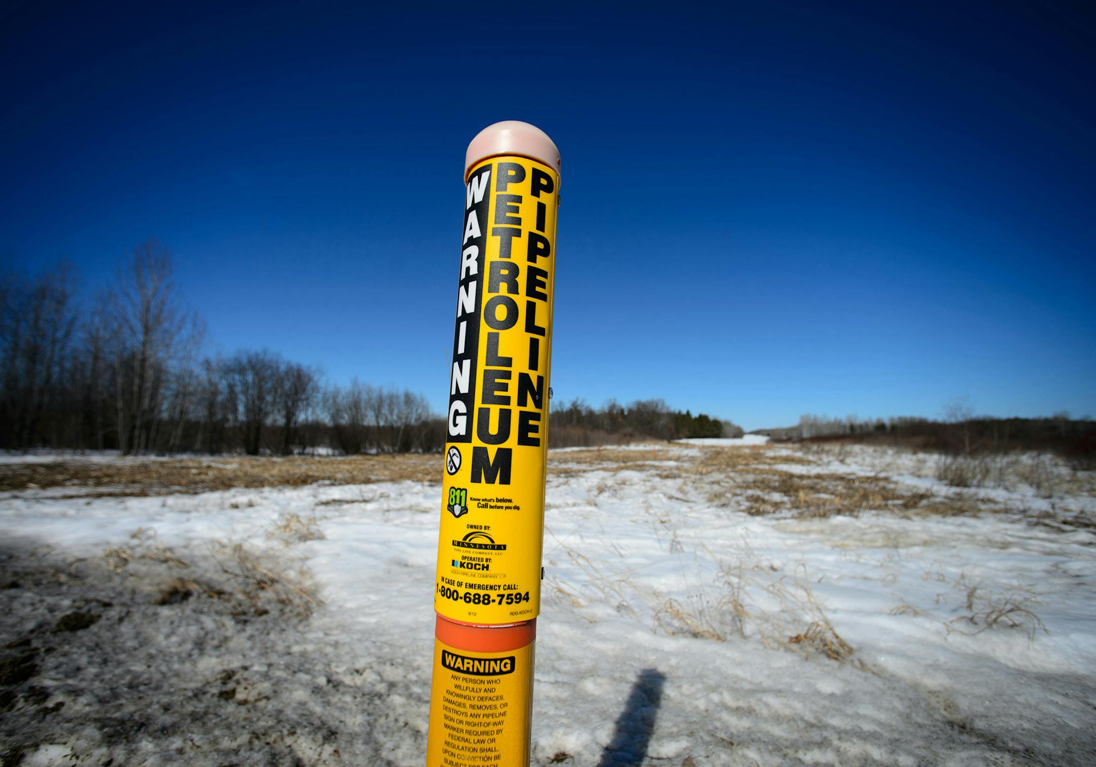 Proposed Enbridge pipelines in Park Rapids would run along side these existing pipelines owned by Minnesota Pipe Line Company and operated by Koch Pipeline Company. ] GLEN STUBBE * gstubbe@startribune.com Tuesday, March 11, 2014. ORG XMIT: MIN1404152114351386