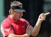 Nick Faldo of England, gestures during a practice round ahead of the British Open Golf Championship, Muirfield, Scotland, Monday, July 15, 2013. The B
