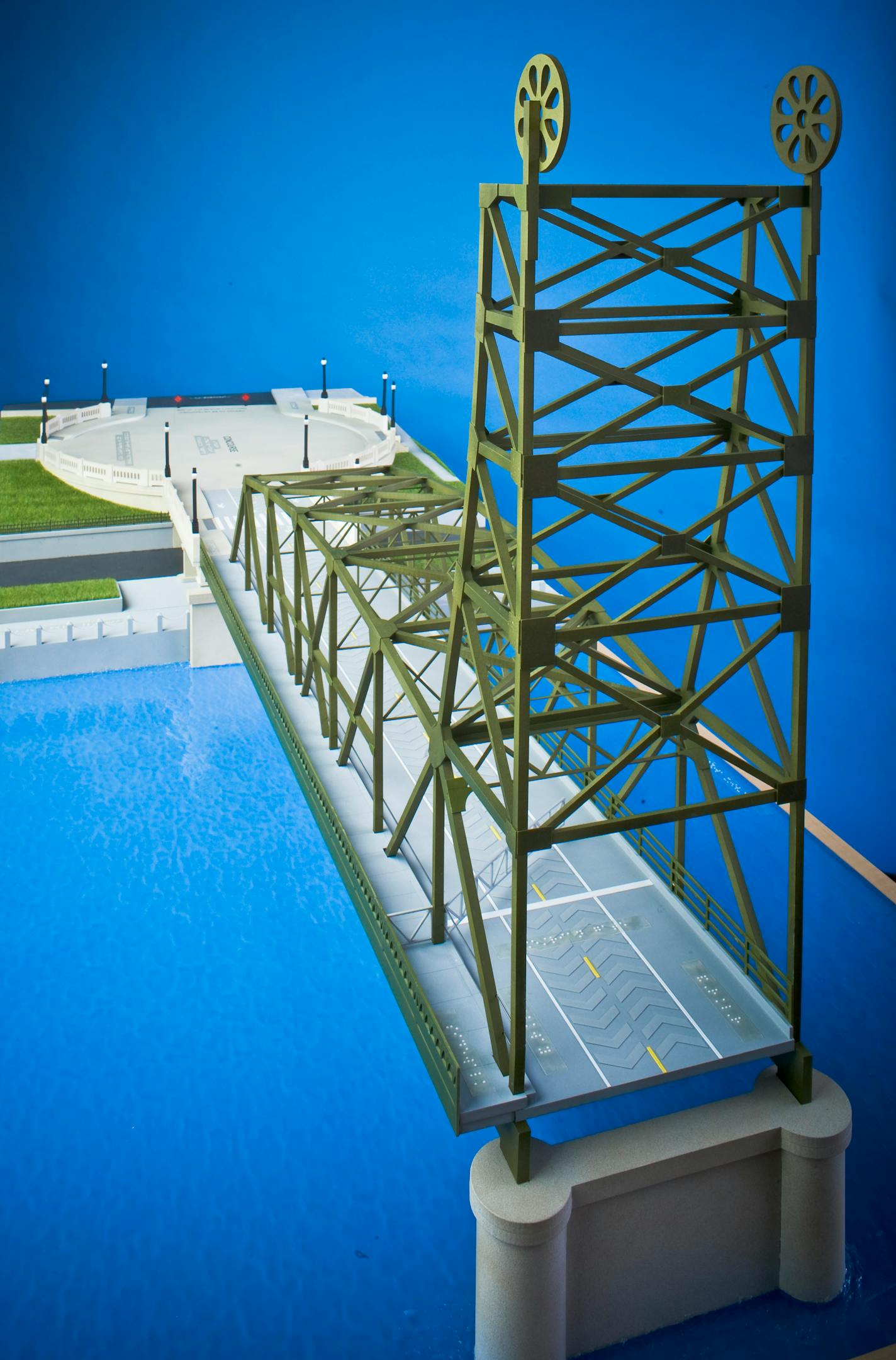 Planners want to restore the Stillwater Lift Bridge to its original green color, as this model shows, when it becomes a pedestrian and bicycle crossing.