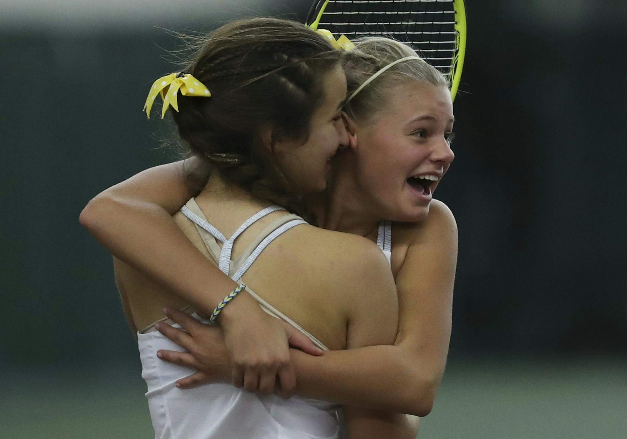 Mahtomedi's Emily Fraser and Lauren Splett, right, celebrated their 6-0, 6-2 No. 2 doubles match win over Eagan. ] JEFF WHEELER &#xef; jeff.wheeler@startribune.com Mahtomedi defeated Eagan to win the Girls' State Tournament Team Championship Wednesday afternoon, October 26, 2016 at the Baseline Tennis Center on the U of M Minneapolis campus.