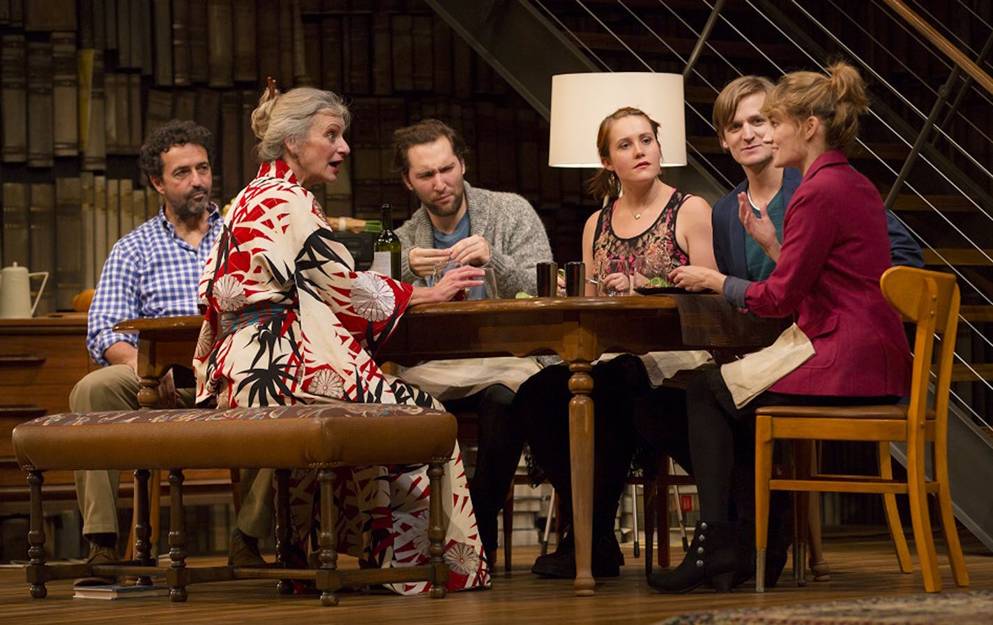 Sally Wingert - left - 2013 Artist of the Tear appearing in guthrie Tribes Guthrie 10-13 098 Tribes, by Nina Raine, at the Guthrie Theater 10/4/13 Director Wendy C. Goldberg Set Designer Alexander Dodge Costume Designer Anne Kennedy Lighting Designer Josh Epstein Sound and Projection Designer Leah Gelpe Photograph © T Charles Erickson tcepix@comcast.net http://tcharleserickson.photoshelter.com/