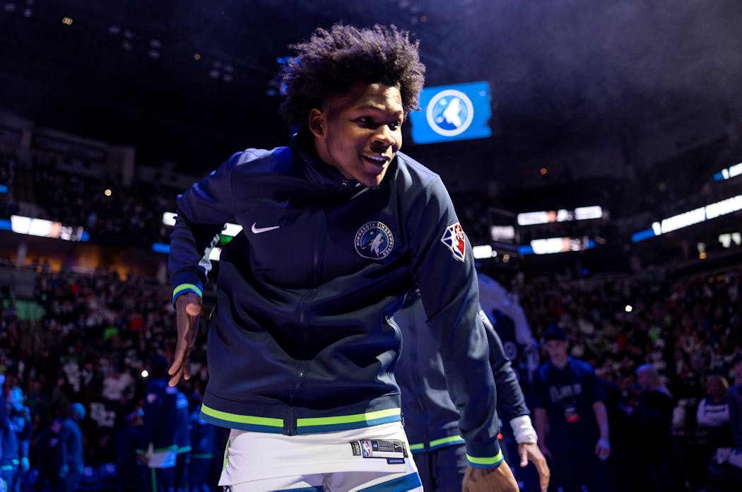 Anthony Edwards during team introductions Tuesday, April 5, at Target Center in Minneapolis, Minn.